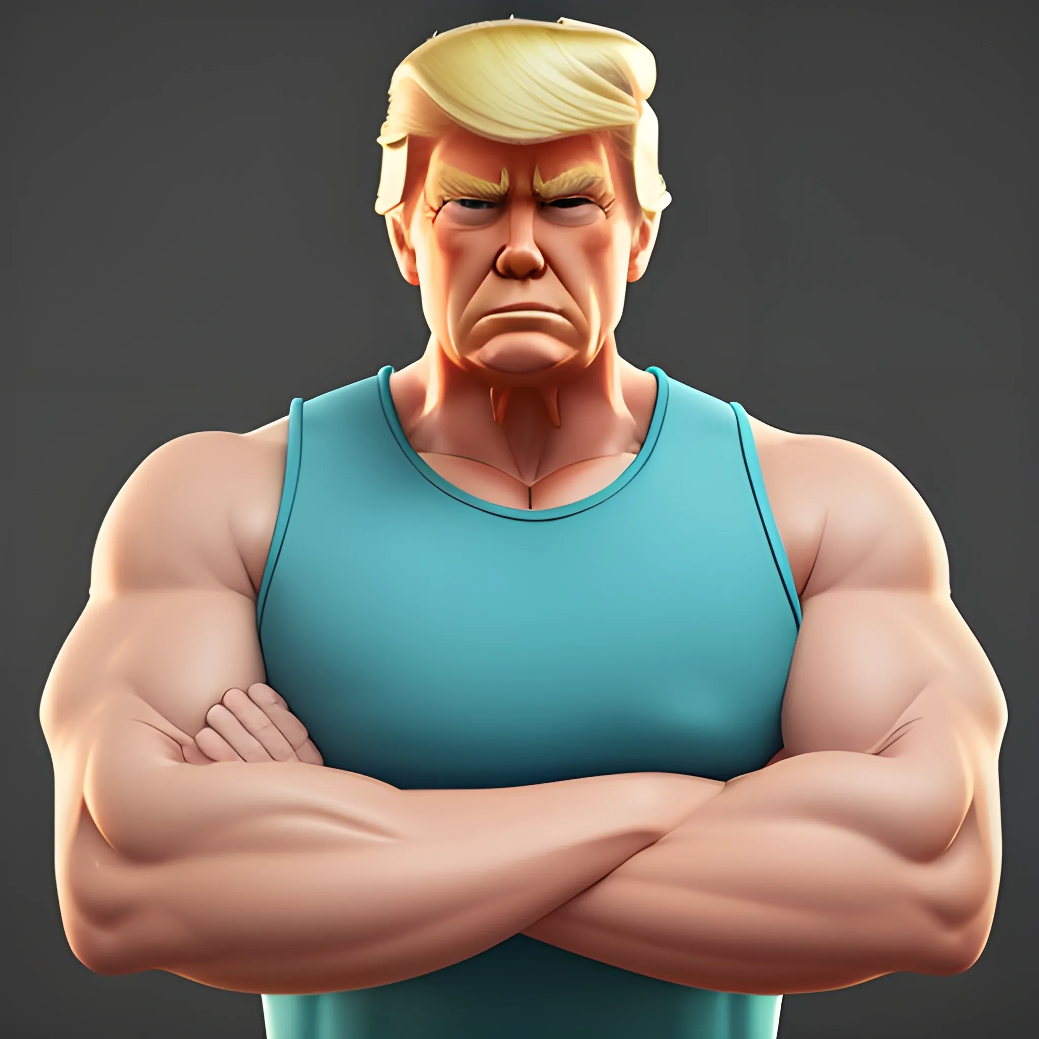 half body shot 3D cartoon render of Donald Trump with his arms crossed looking straight into the camera. He is very strong and looks like a bodybuilder, his face is clear and he is in the artstyle of fortnite.  he is wearing a tank top thats also a suit and you can see he is very strong and muscular, 
3D