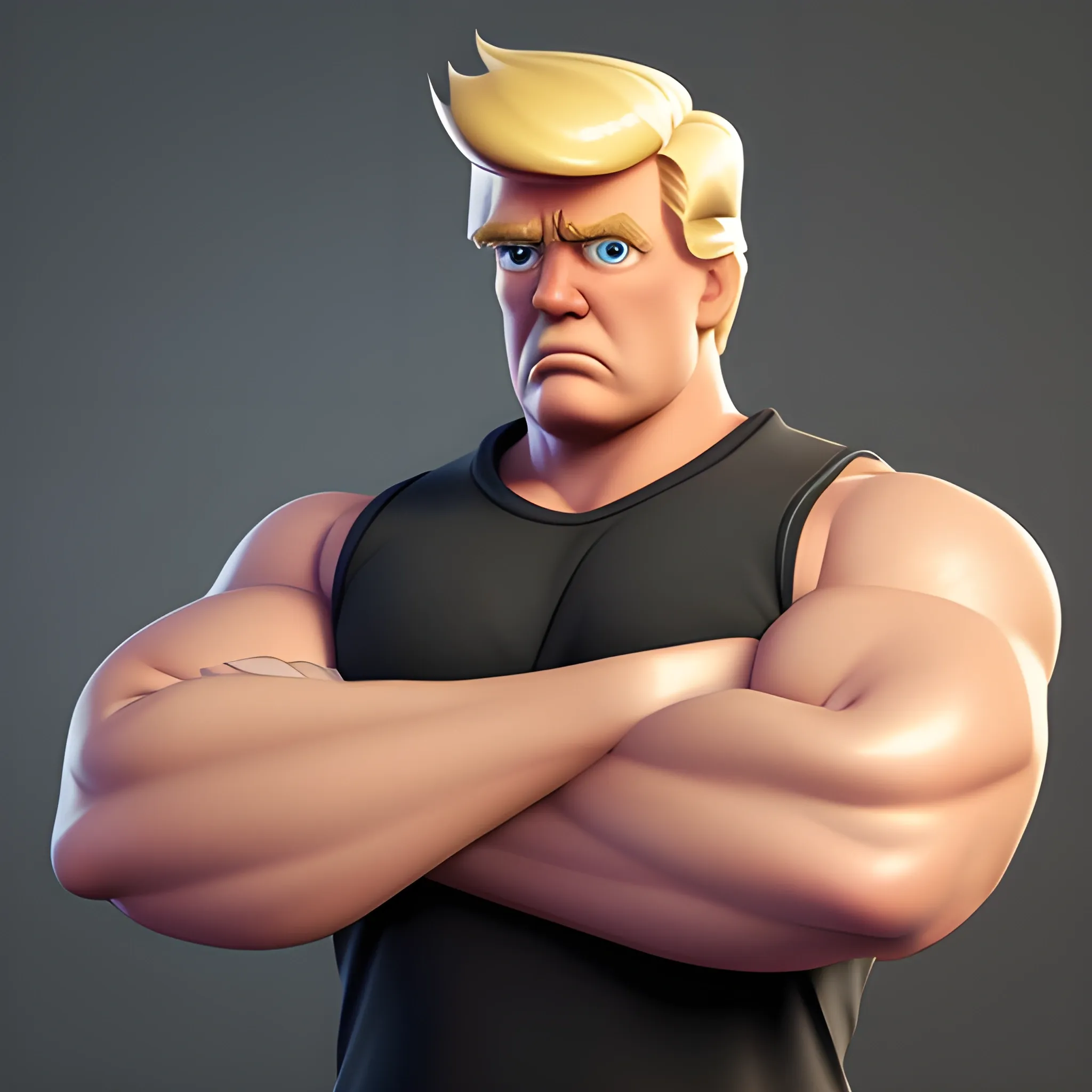 half body shot 3D cartoon render of Donald Trump with his arms crossed looking straight into the camera. he is not realistic and is cartoon in fortnite art style. He is very strong and looks like a bodybuilder, his face is clear and he is in the artstyle of fortnite.  he is wearing a black tank top and you can see he is very strong and muscular, 
3D