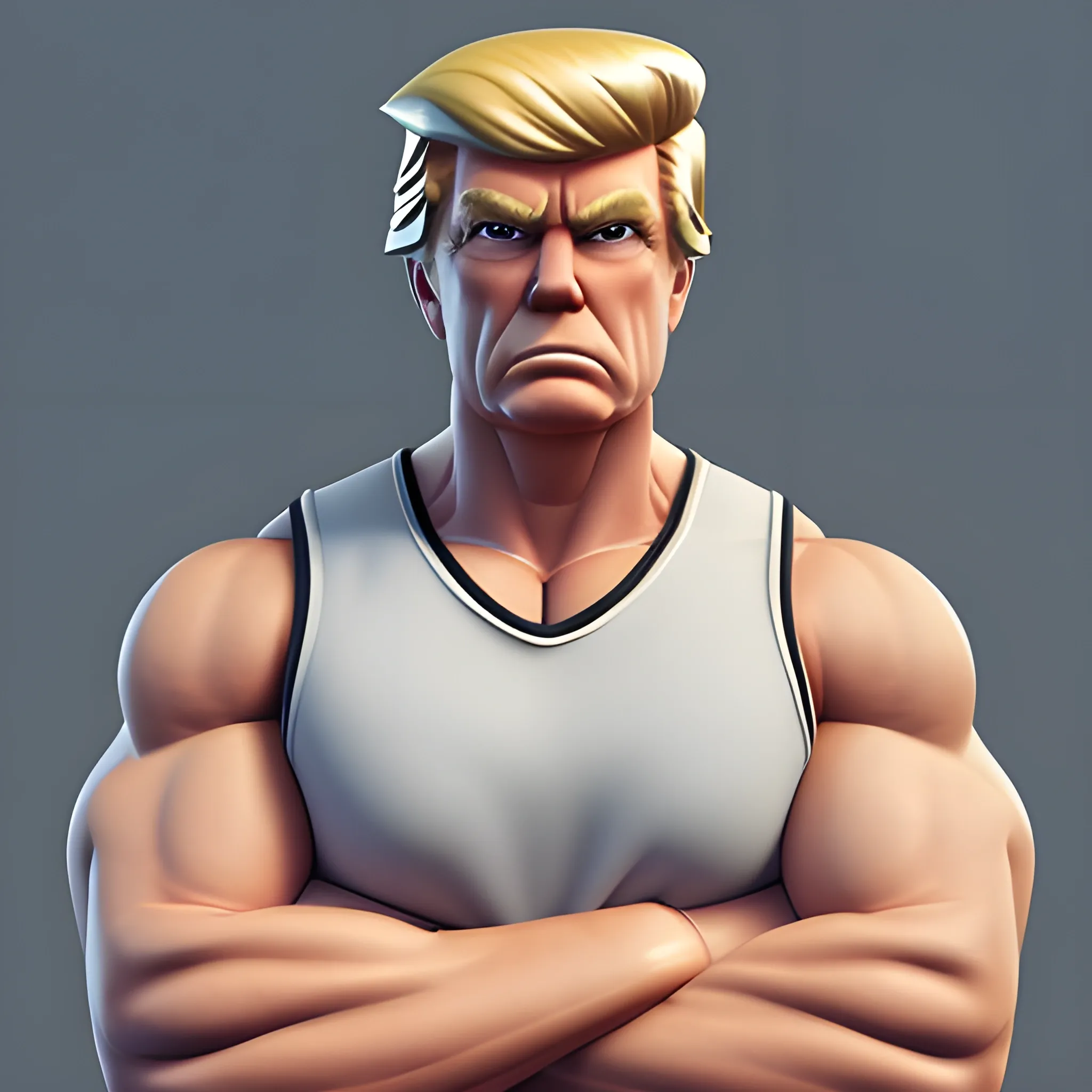 half body shot 3D cartoon render of Donald Trump with his arms crossed looking straight into the camera. He is very strong and looks like a bodybuilder, his face is clear and he is in the artstyle of fortnite. he is wearing a tank top that looks like a tuxedo and you can see he is very strong and muscular, 3D
