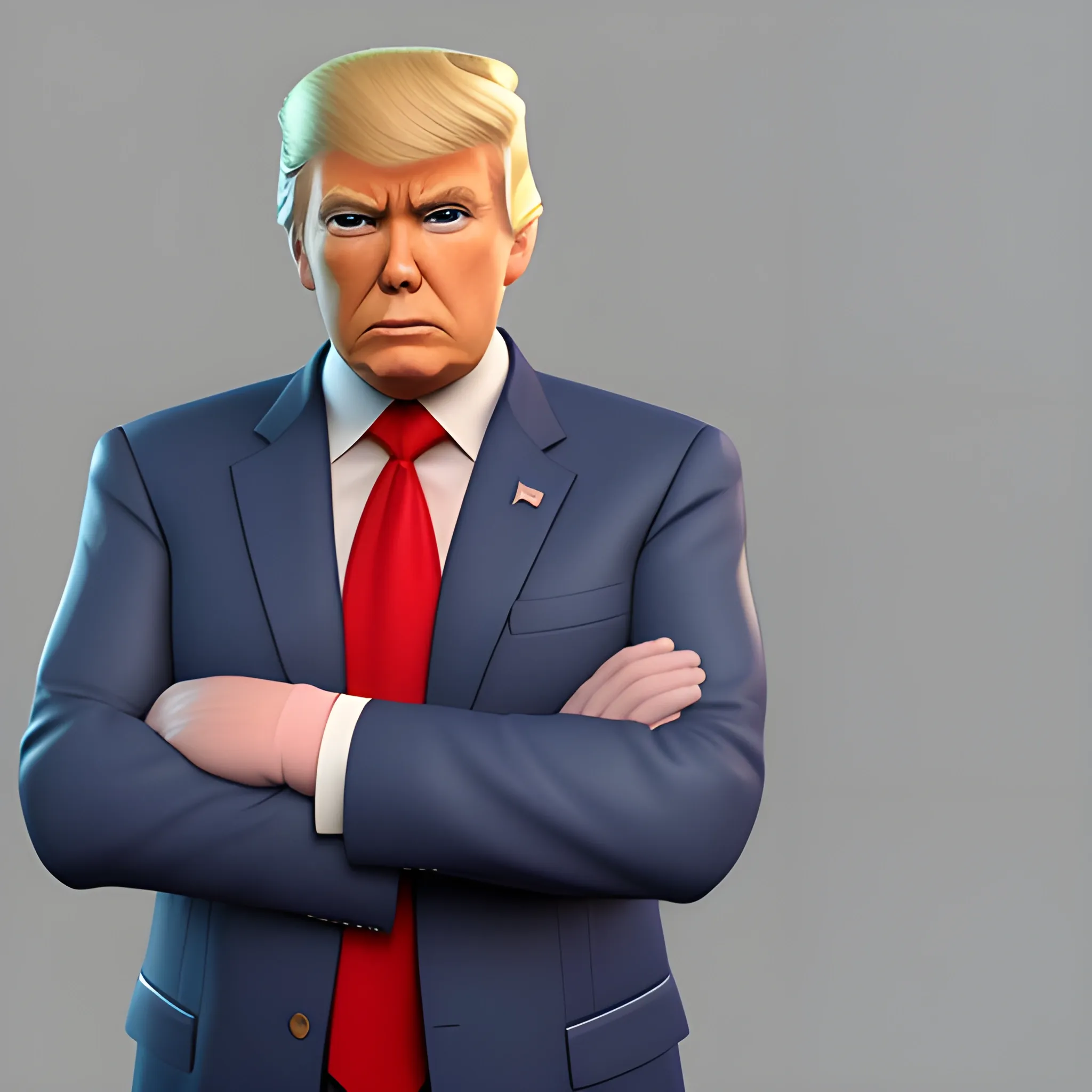 3D render of Donald Trump with his arms crossed looking straight into the camera. He looks plastic. his face is clear and he is in the artstyle of fortnite. he has a navy blue suit on with a red tie. He looks kind of goofy looking. half body shot. 3D

, 3D, Cartoon
