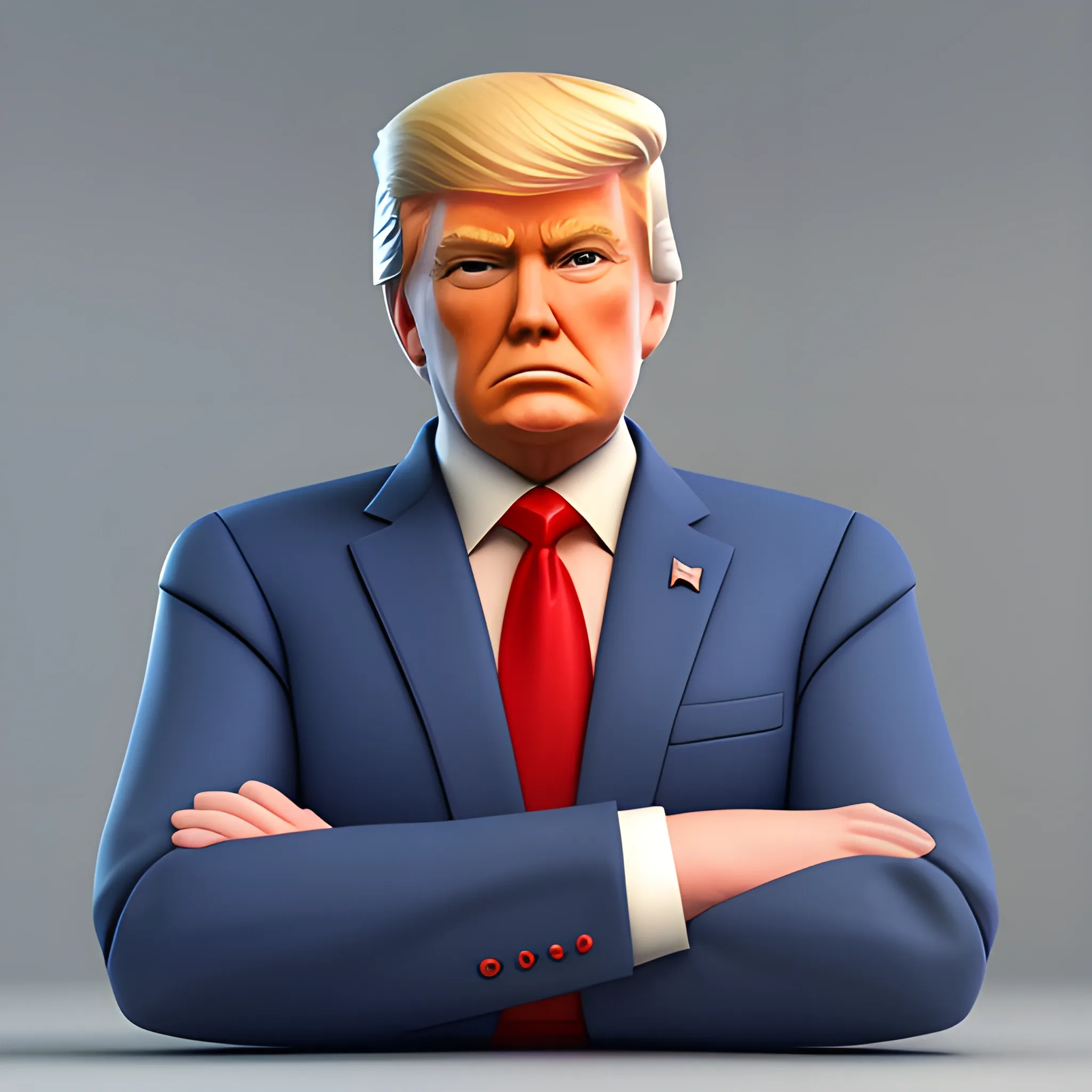 3D render of Donald Trump with his arms crossed looking straight into the camera. He looks plastic. his face is clear and he is in the artstyle of fortnite. he has a navy blue suit on with a red tie. He looks kind of goofy looking. half body shot. 3D , 3D, Cartoon

