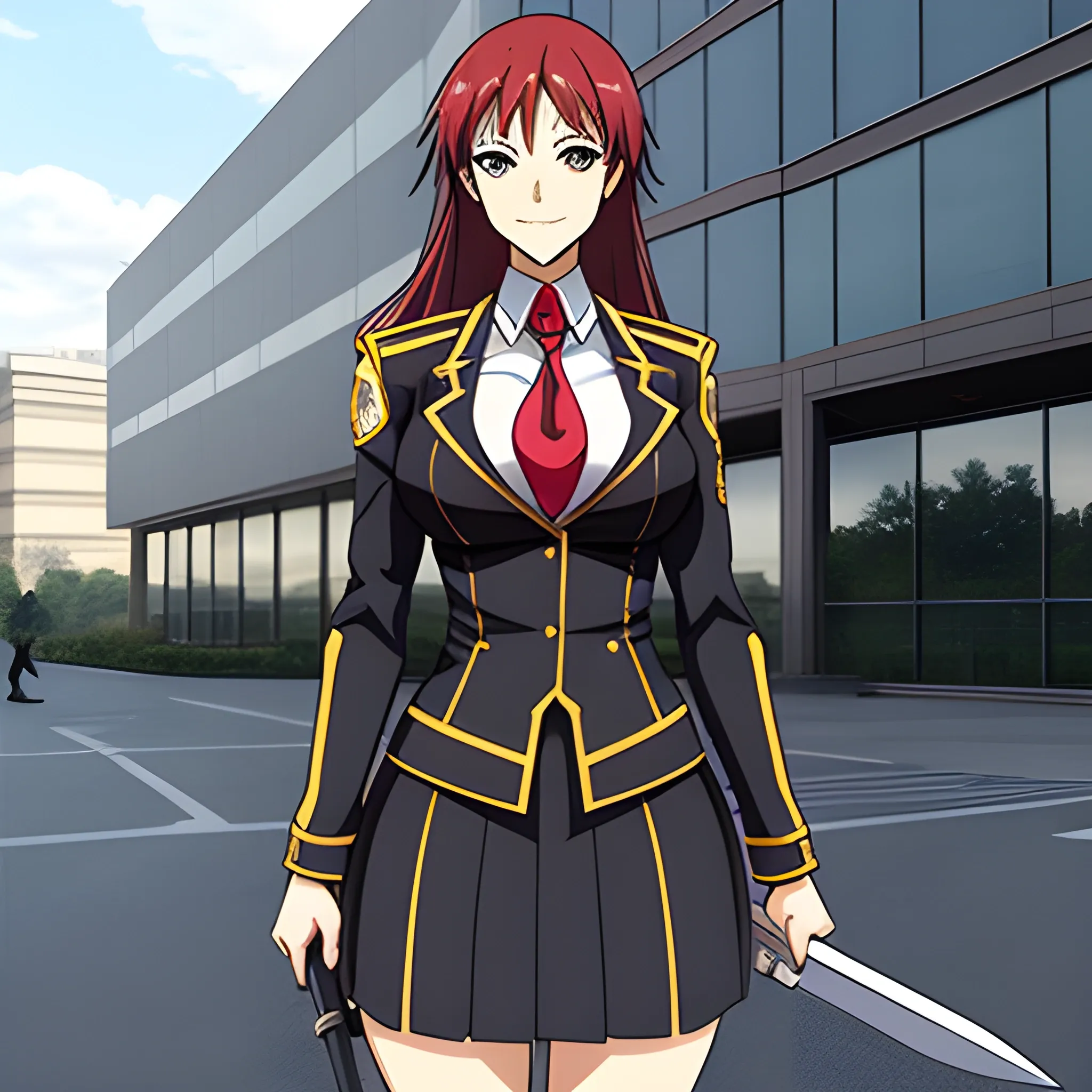 The anime school girl's uniform is a symbol of strength and determination, as she stands in the midst of a chaotic classroom, ready to take on any challenge and emerge victorious. With her trusty sword in hand, she is a force to be reckoned with.