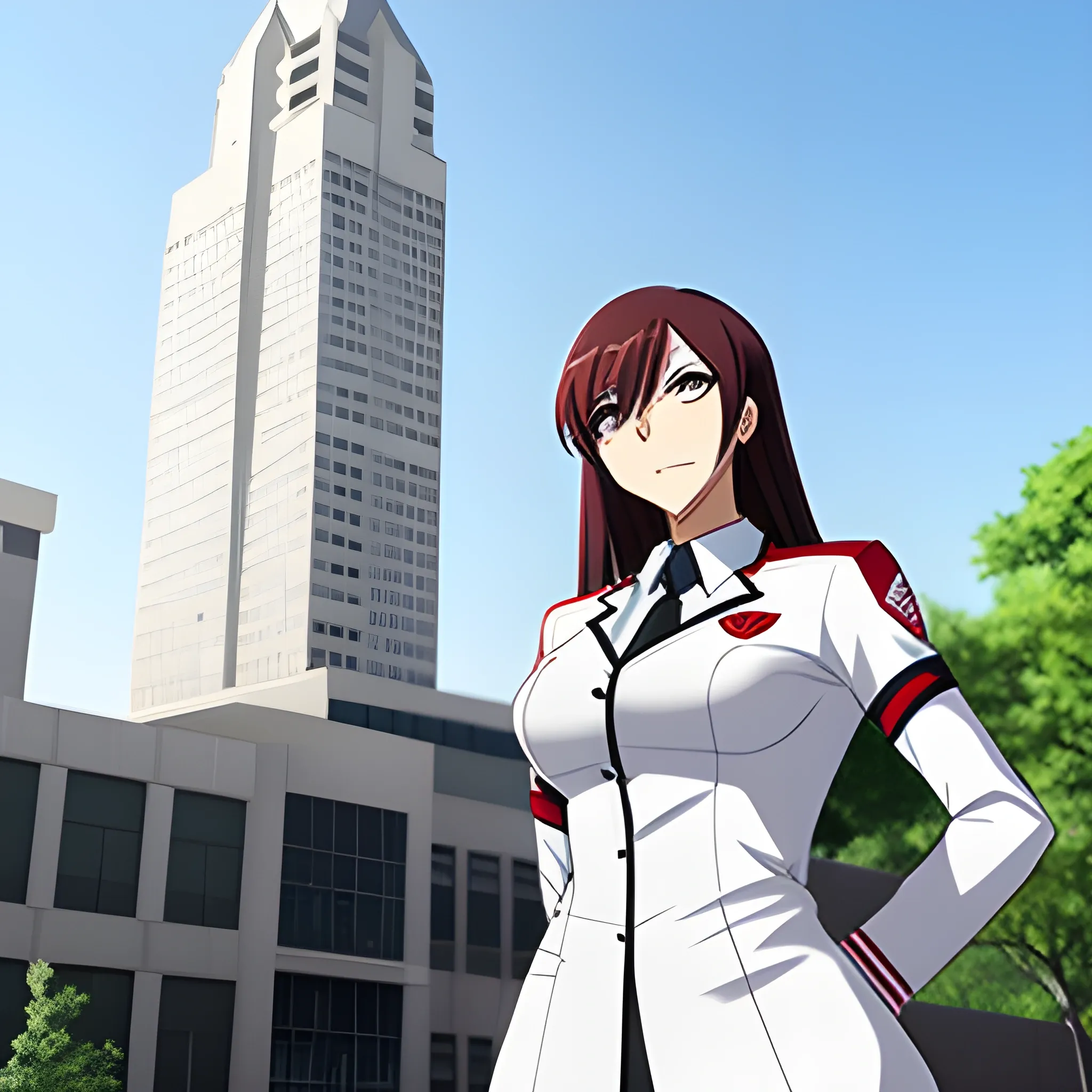 A fierce anime school girl stands tall in her crisp, white uniform, ready to take on any challenge that comes her way in the chaotic classroom setting