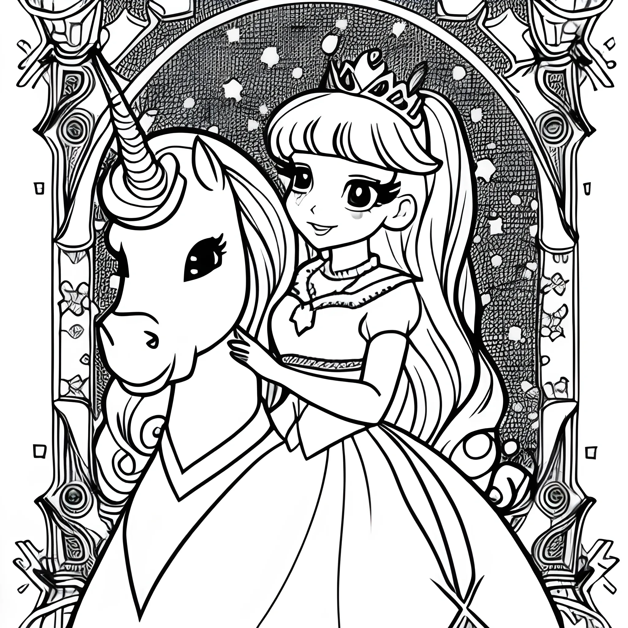 cute princess with and unicorn draw for coloring book por children  