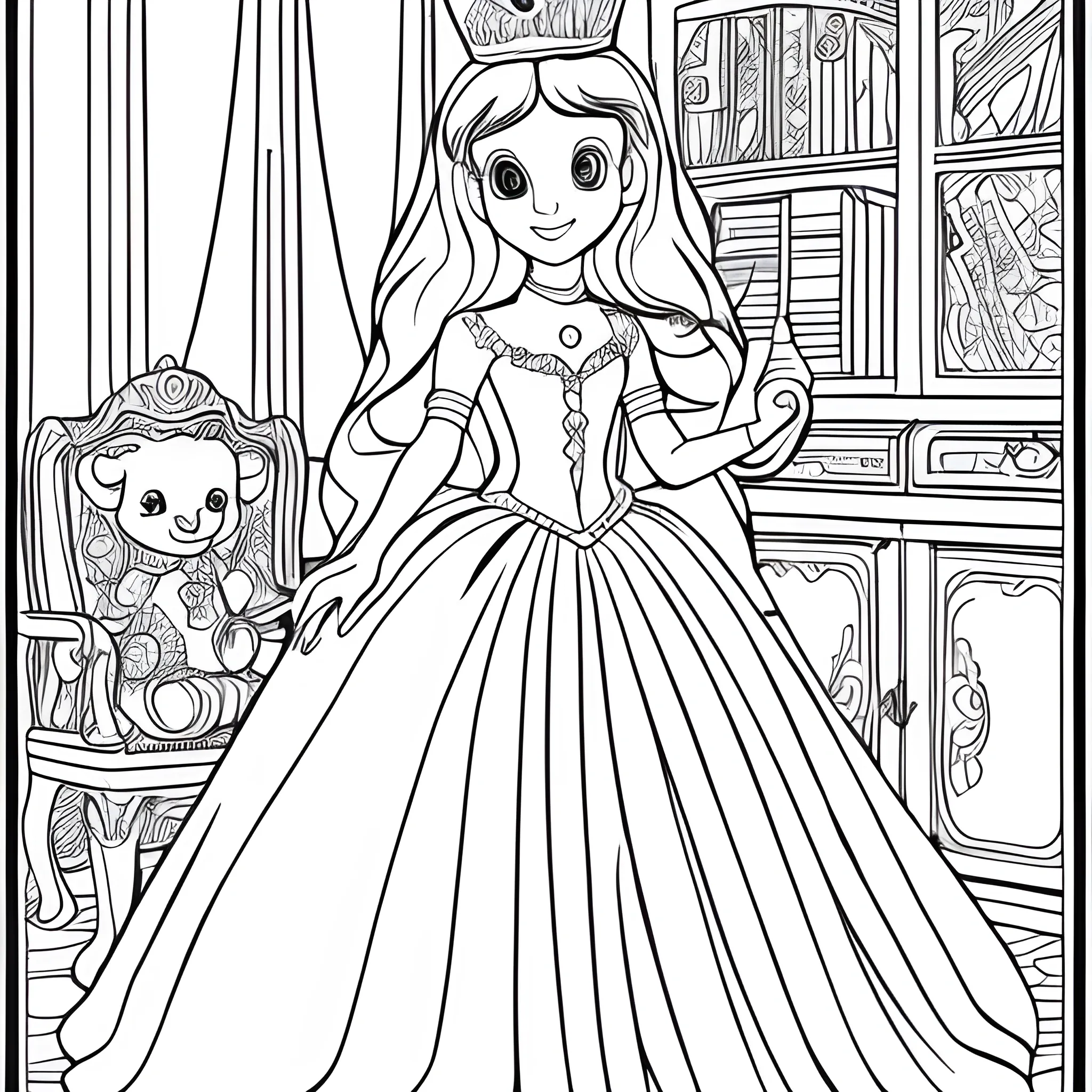 Coloring book page of princess, black and white, cute
