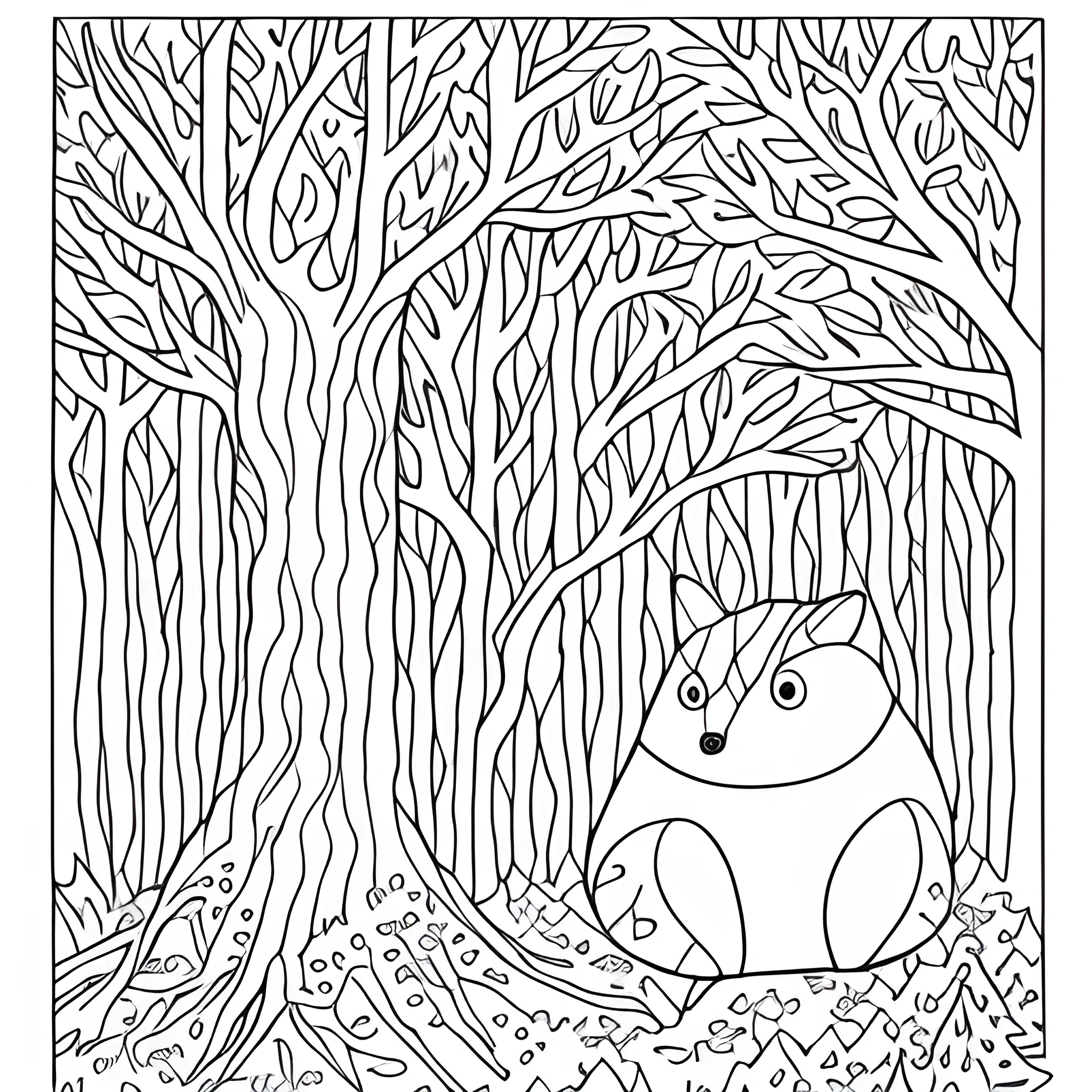 coloring book, full page, forest with hidden shapes of animals, only lines, black and white