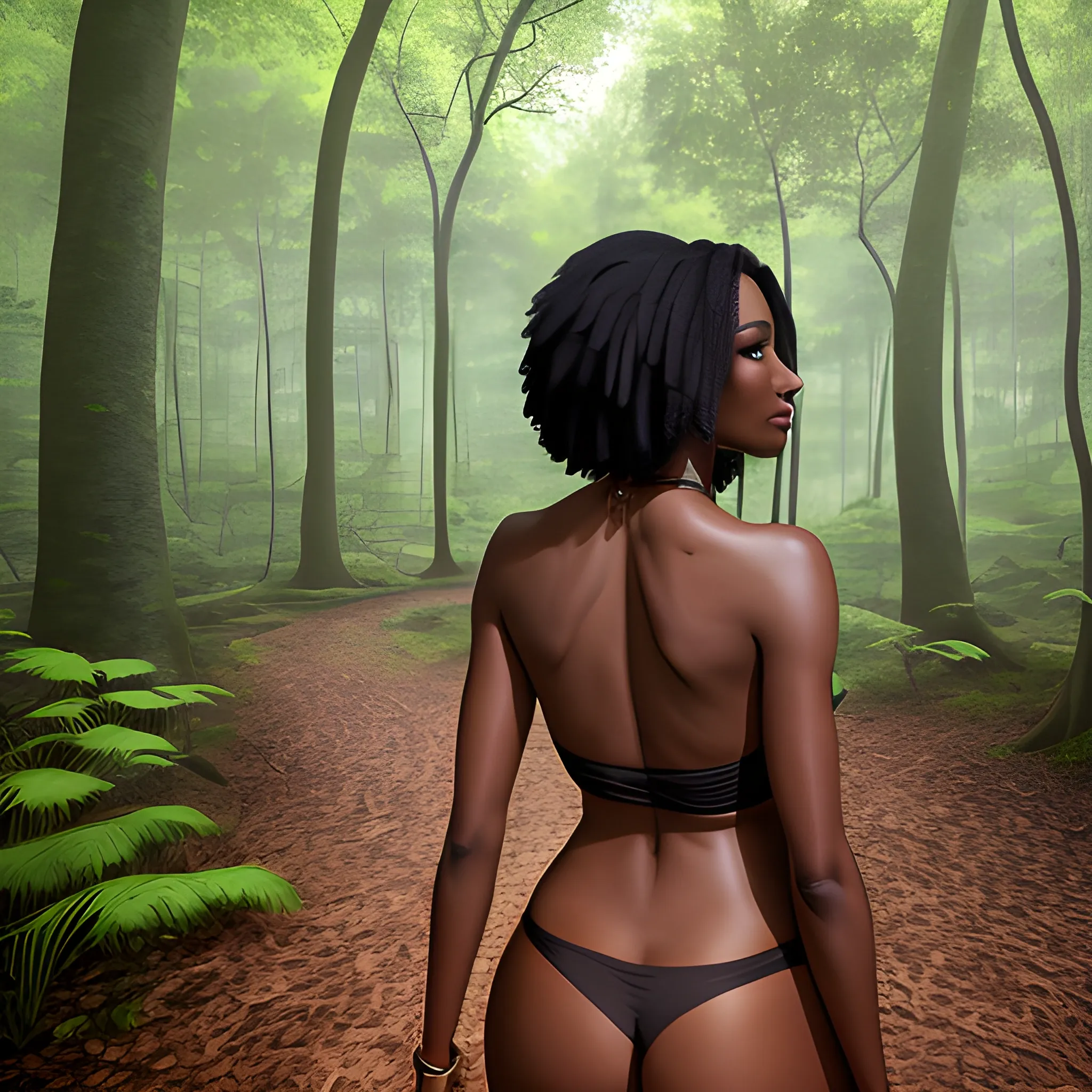 a woman in a forest with her back to the camera and a man in the background, breasts, looking_at_viewer, short_hair, multiple_girls, black_hair, 2girls, bare_shoulders, jewelry, medium_breasts, nude, standing, panties, ass, earrings, outdoors, parted_lips, solo_focus, day, looking_back, dark_skin, from_behind, dark-skinned_female, tree, lips, crop_top, back, nature, armlet, forest, thong, realistic, bracer