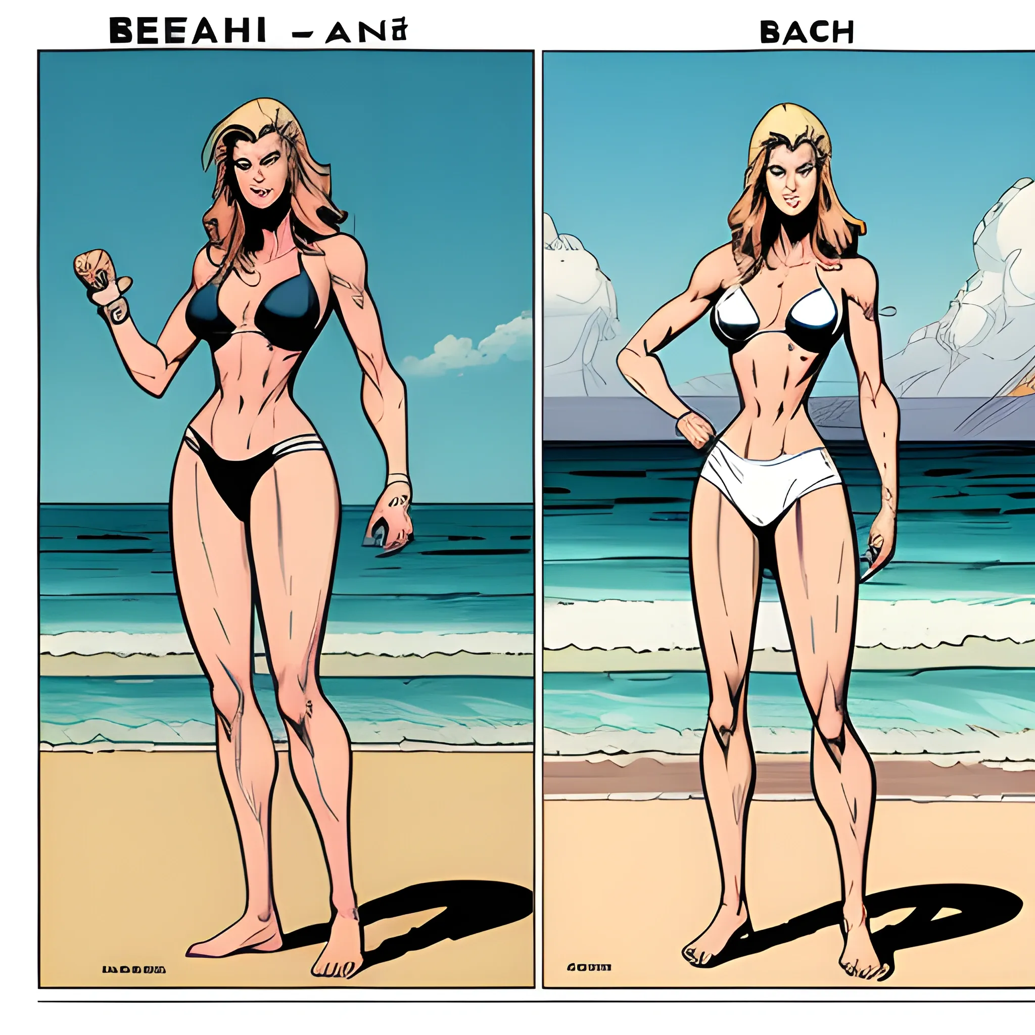 woman, character, full height, reference, front and left view, comics style, beach