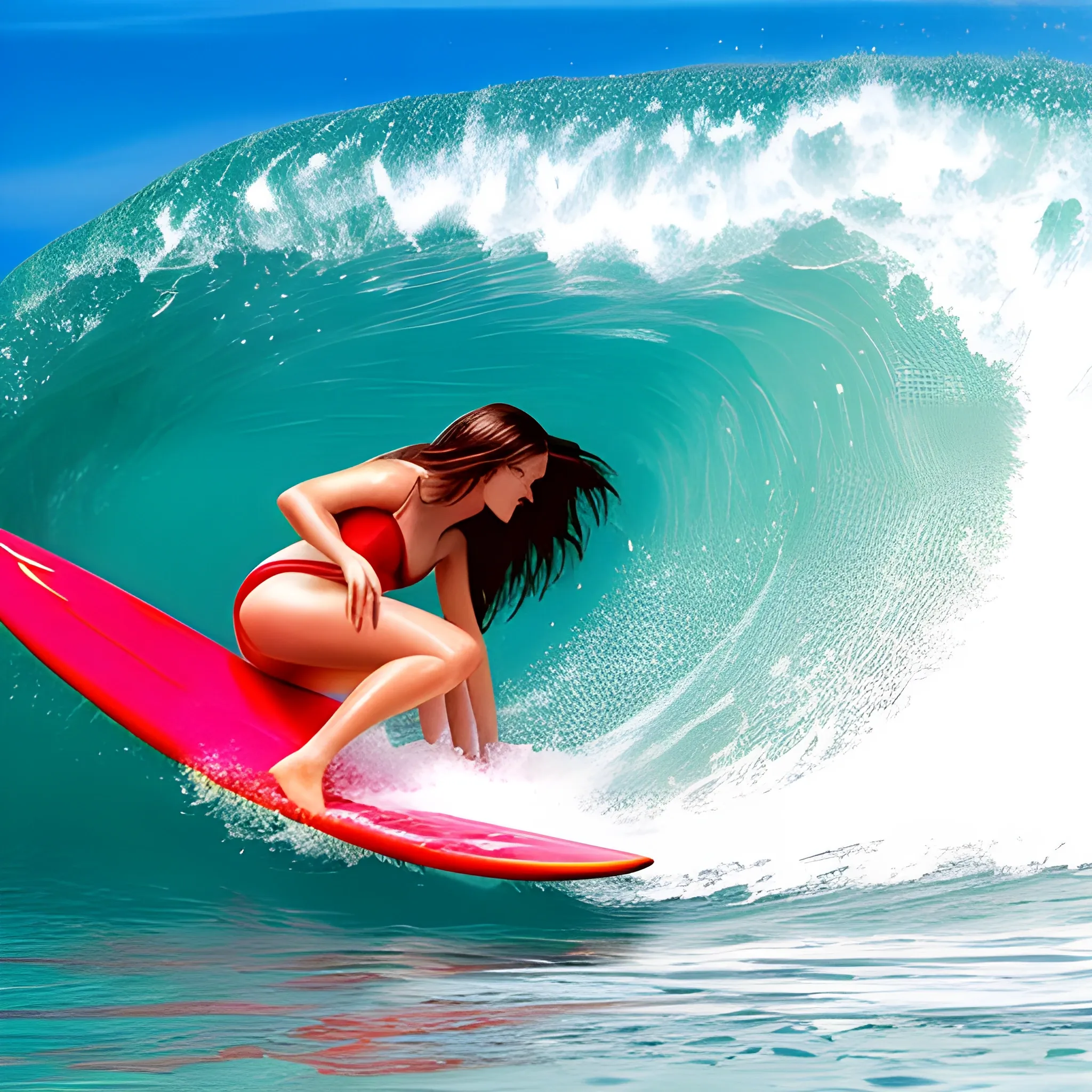 A surfer brunette woman in red bikini, serf in ocean, wave