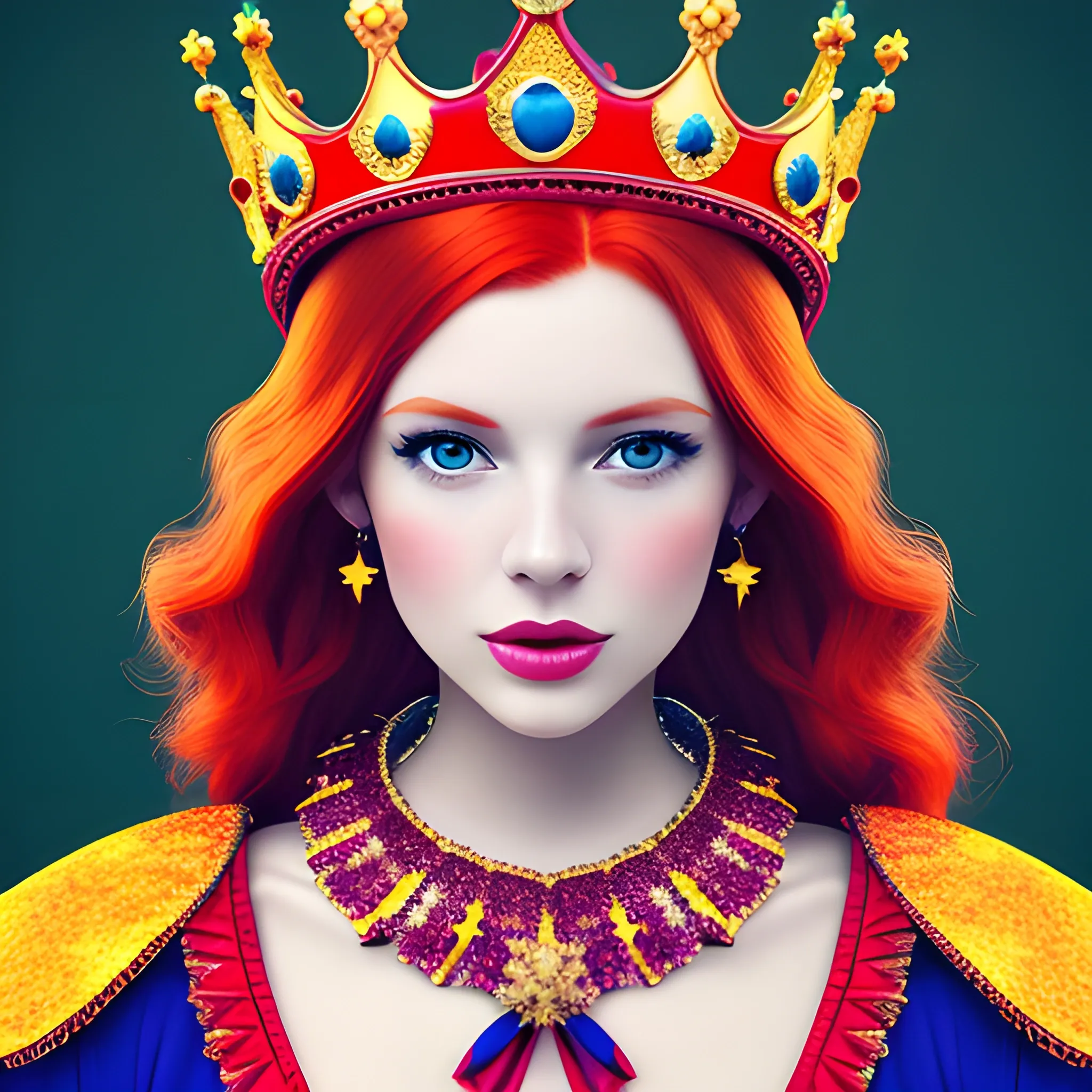 Beautiful redhead European woman with crown and colorful outfits, premium photography, ultra high definition, , 3D