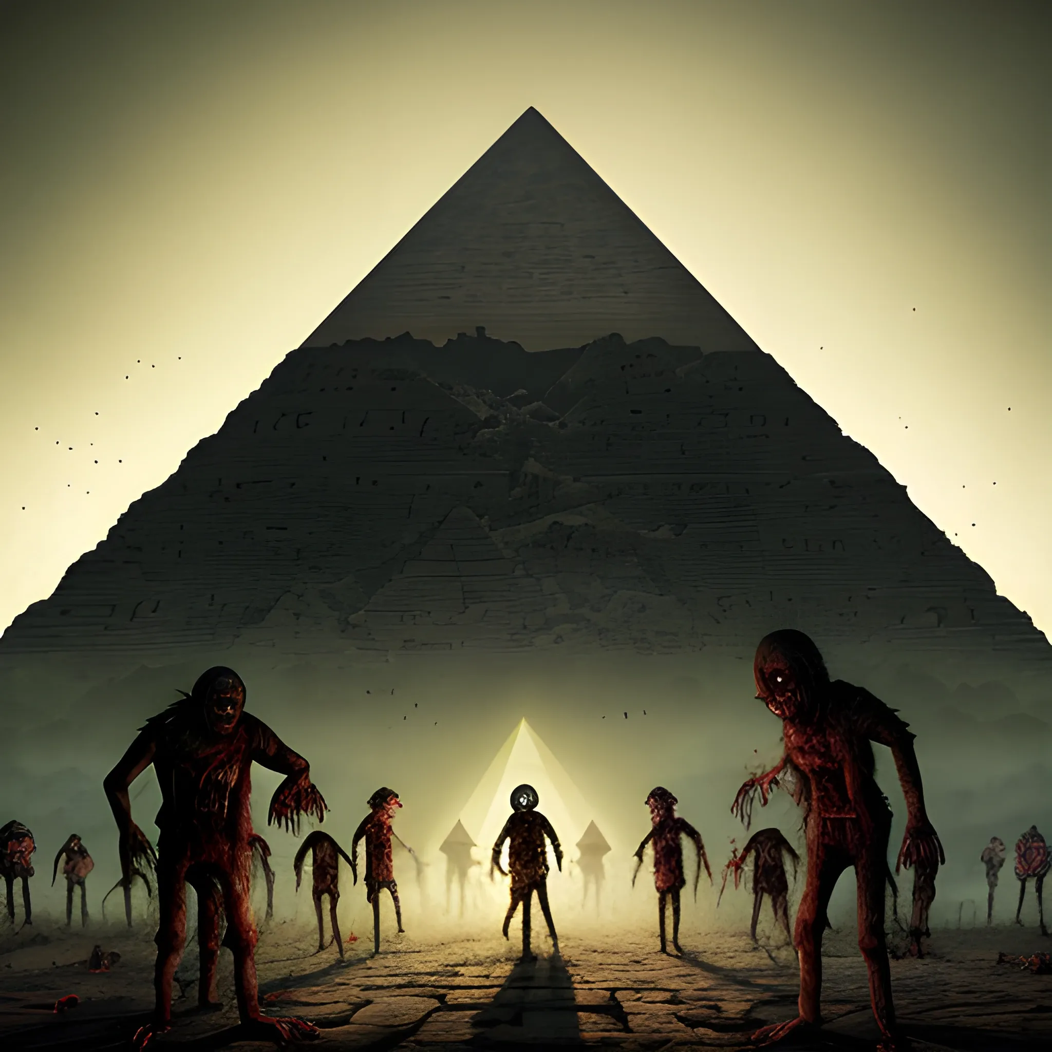 (((Zombies ate my neighbors))) - A hauntingly realistic depiction of the scene where the protagonist encounters the terrifying pyramid of fear. The image should focus on the eerie ambiance of the pyramid and the lurking presence of the undead ((zombies)). Set in the dead of night, the pyramid stands ominously, casting elongated shadows. The ((neighbors)) could be depicted in a state of fear or distress, seeking refuge from the impending danger. The art style should emulate a chilling photorealistic quality akin to a high-quality horror movie still. The camera should use a wide-angle lens (18mm) capturing the vastness of the pyramid and the characters' vulnerability. Lighting should be low-key, creating dramatic contrasts between light and shadow, adding to the spine-chilling atmosphere. Render it in high resolution (4K) with attention to fine details, such as intricate hieroglyphs on the pyramid's surface, and subtle facial expressions reflecting fear on the characters' faces.

