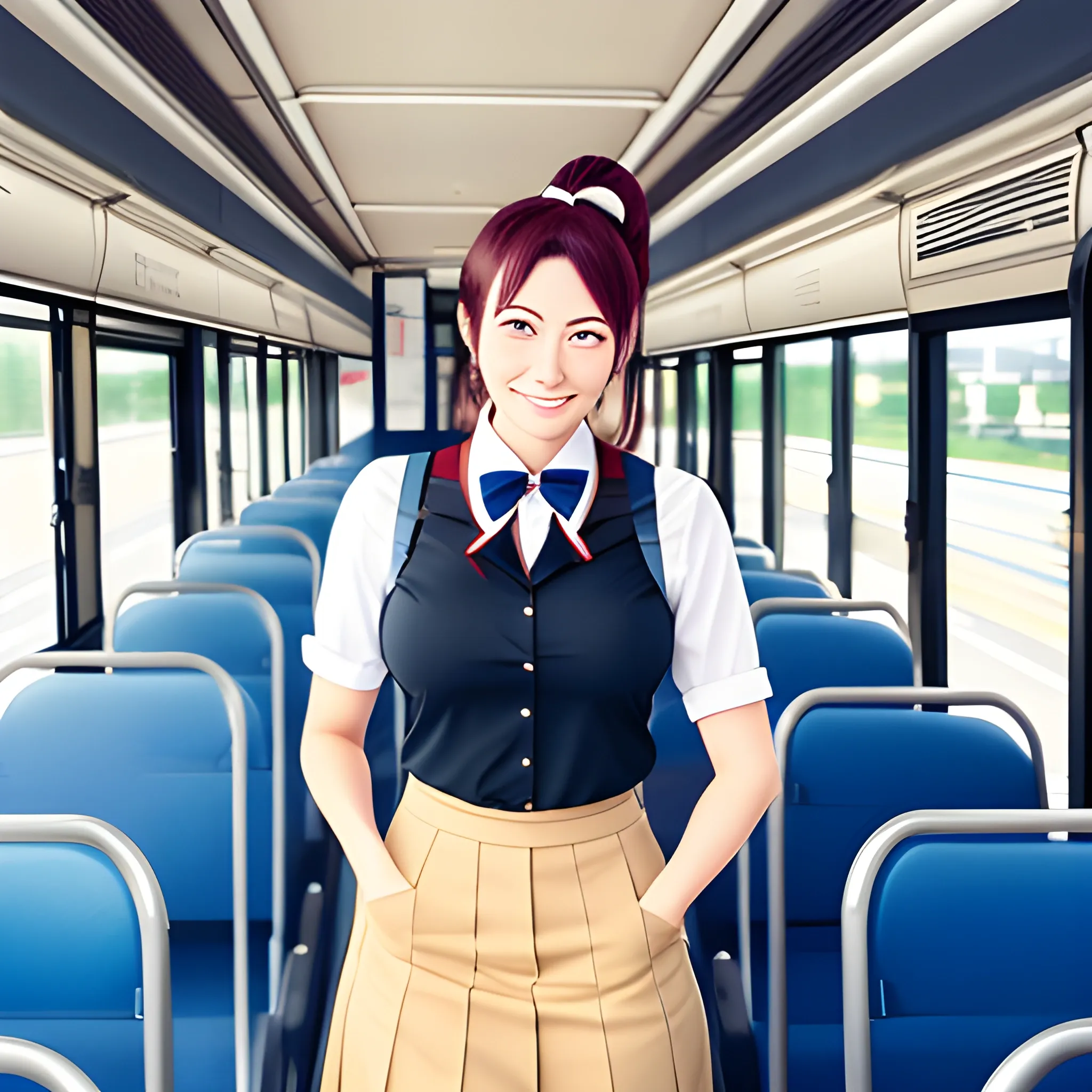 With her school uniform neatly pressed and her hair tied up in a bow, an anime school girl eagerly boards a bus, ready to explore the world beyond her classroom.