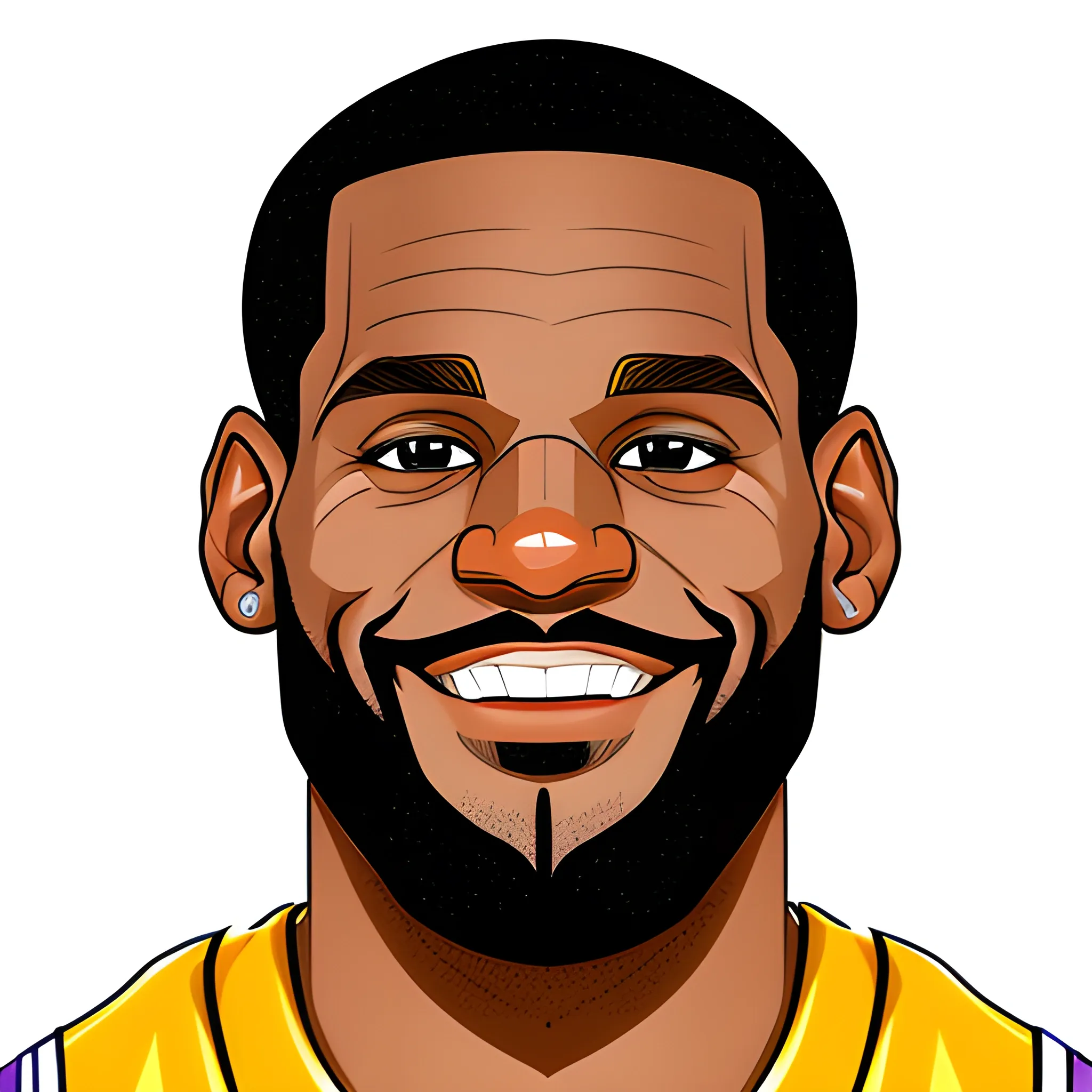 Cartoon Digital Art of Lebron smiling at the camera in a Lakers jersey icon with transparent background, Cartoon