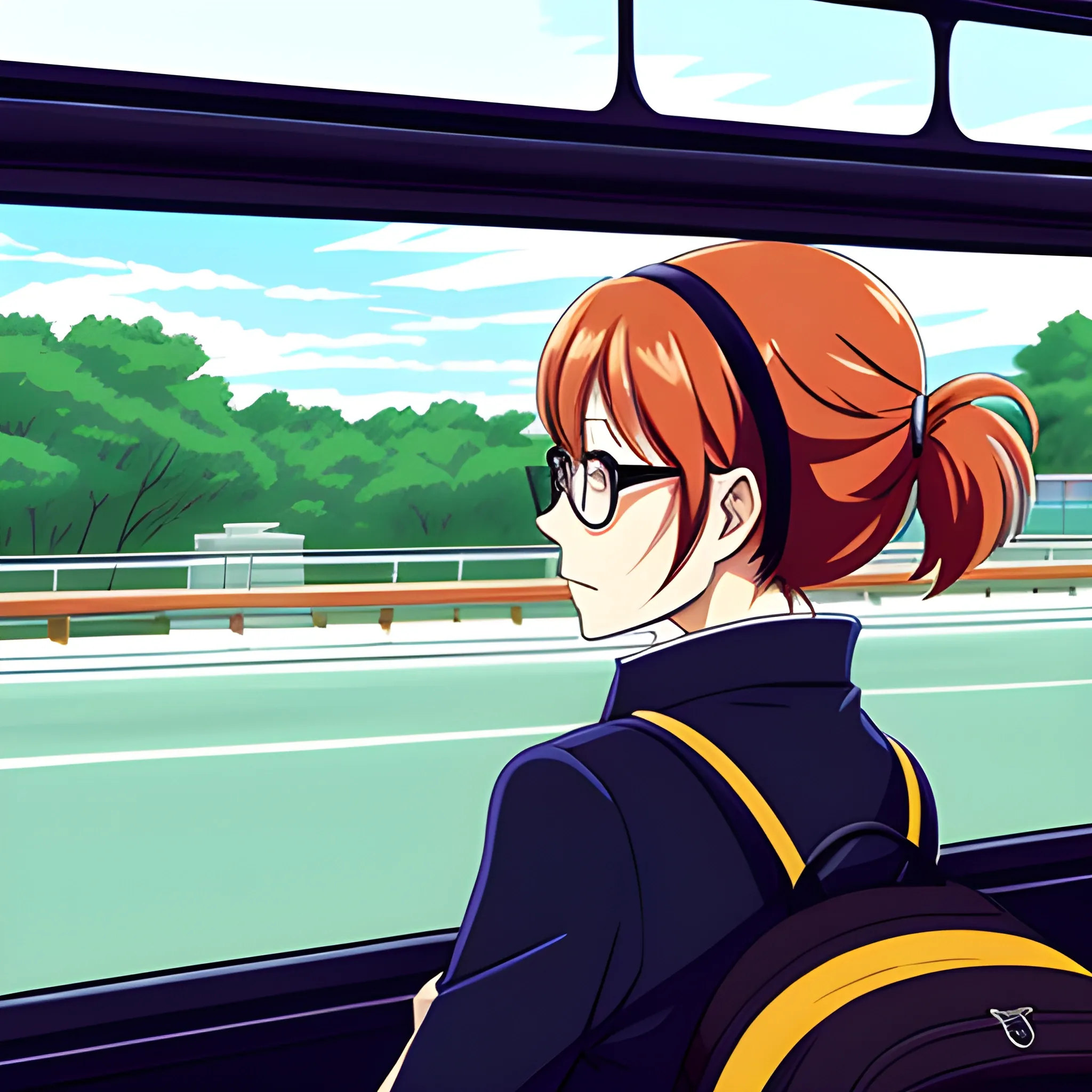 As the bus rumbles down the road, an anime school girl gazes out the window, her mind filled with dreams of far-off places and new experiences
