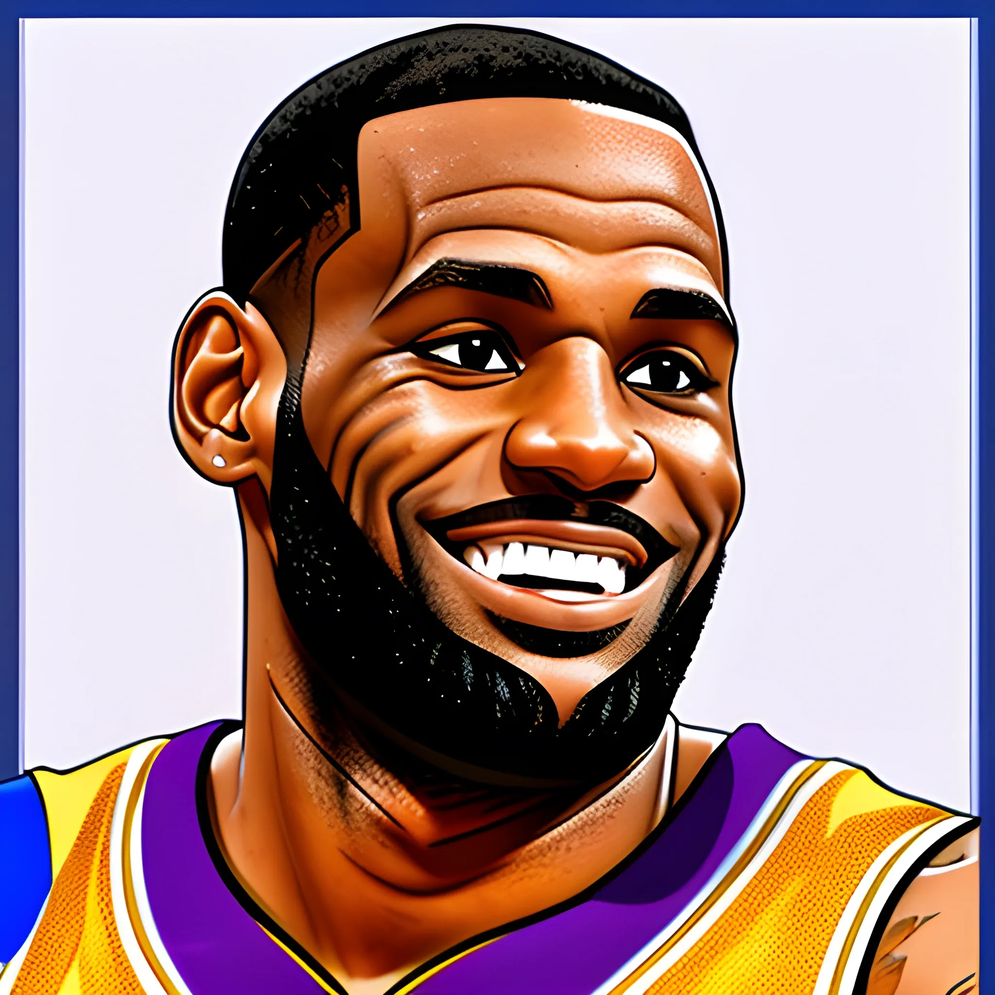 Cartoon Digital Art of Lebron James smiling at the camera in a Lakers jersey icon with transparent background, Cartoon