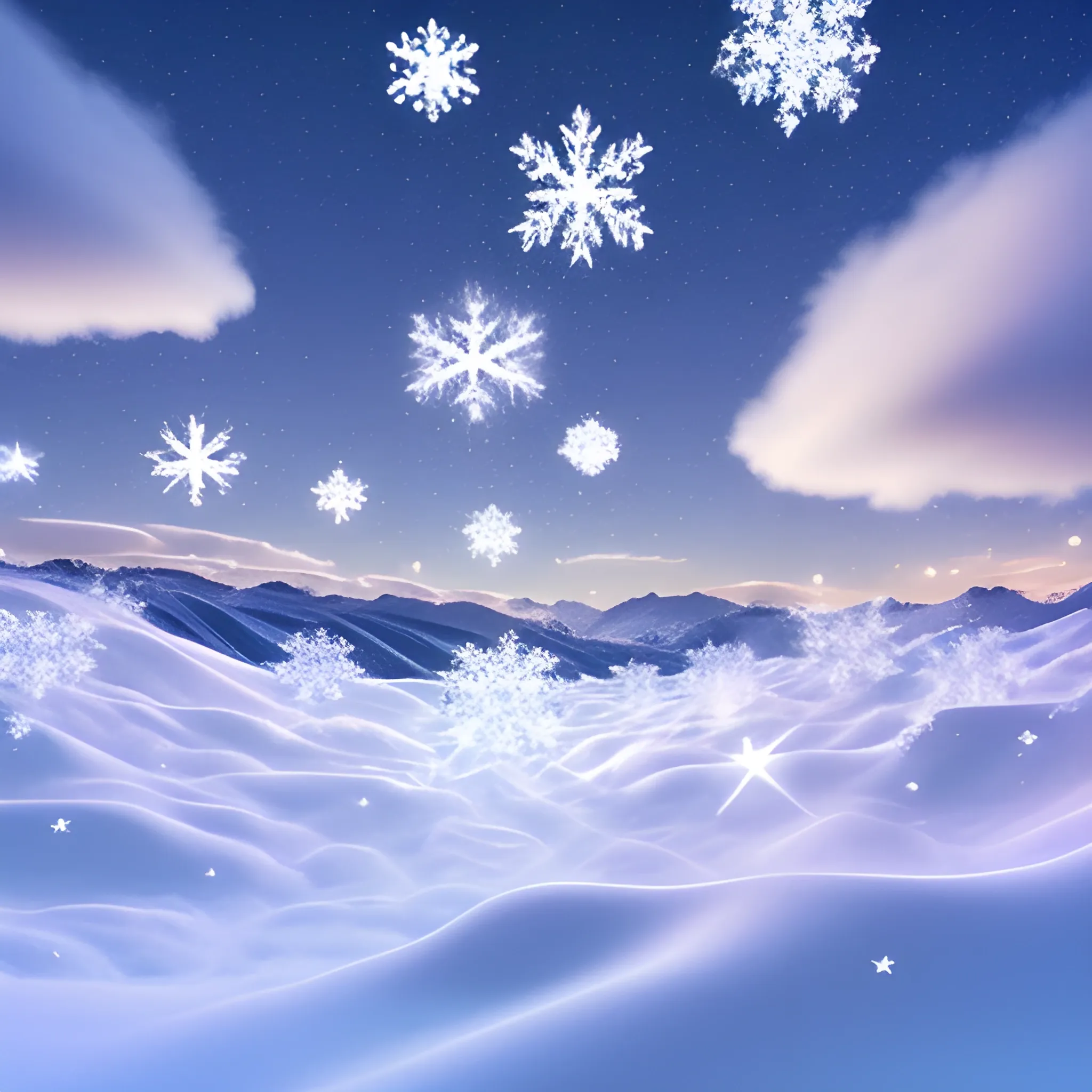 crystalline butterflies ascending into clouds of snow, sparkling snowflakes, hills of gold snow, 3D, Trippy