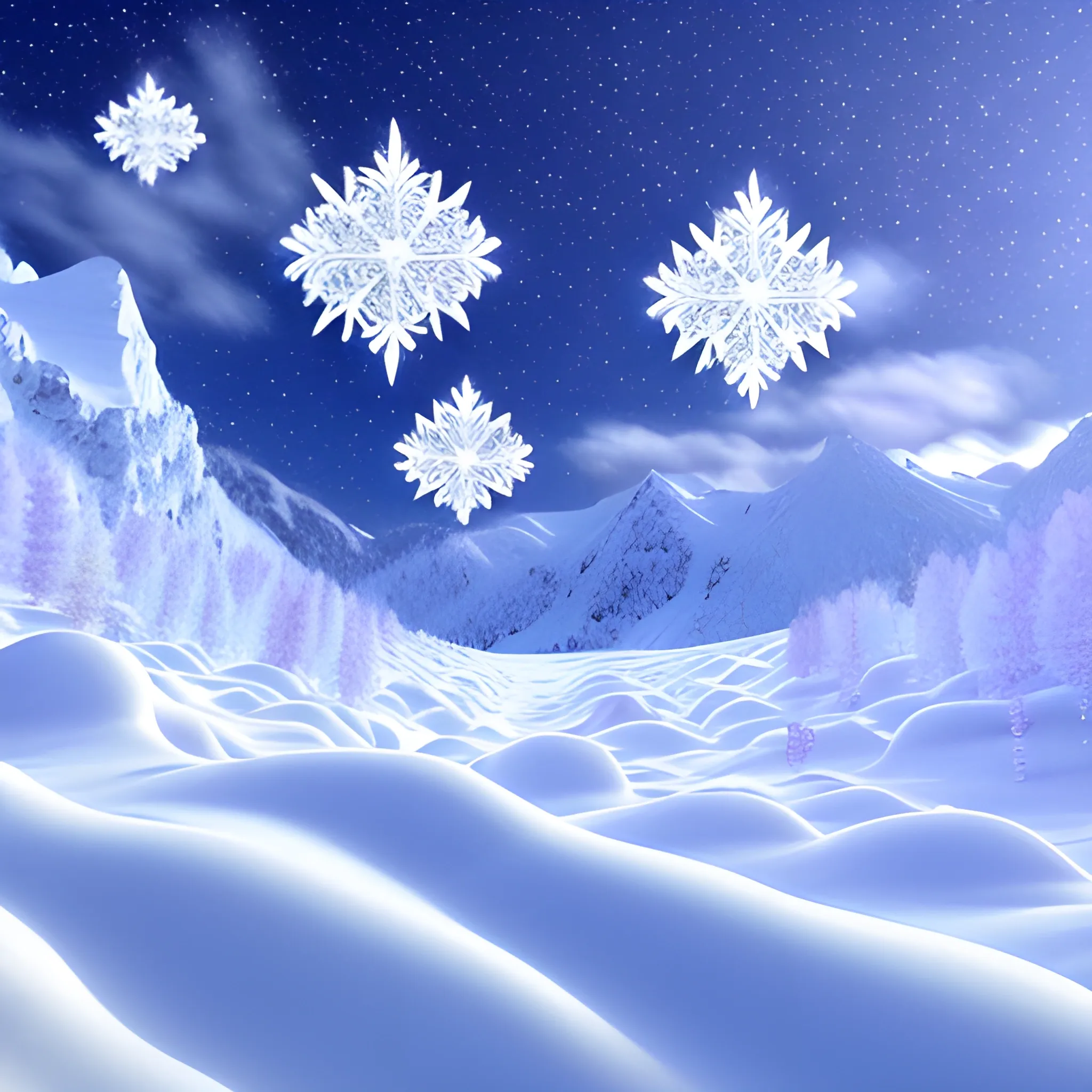 crystalline butterflies ascending into clouds of white snow, sparkling snowflakes, hills of gold snow,, 3D, Trippy