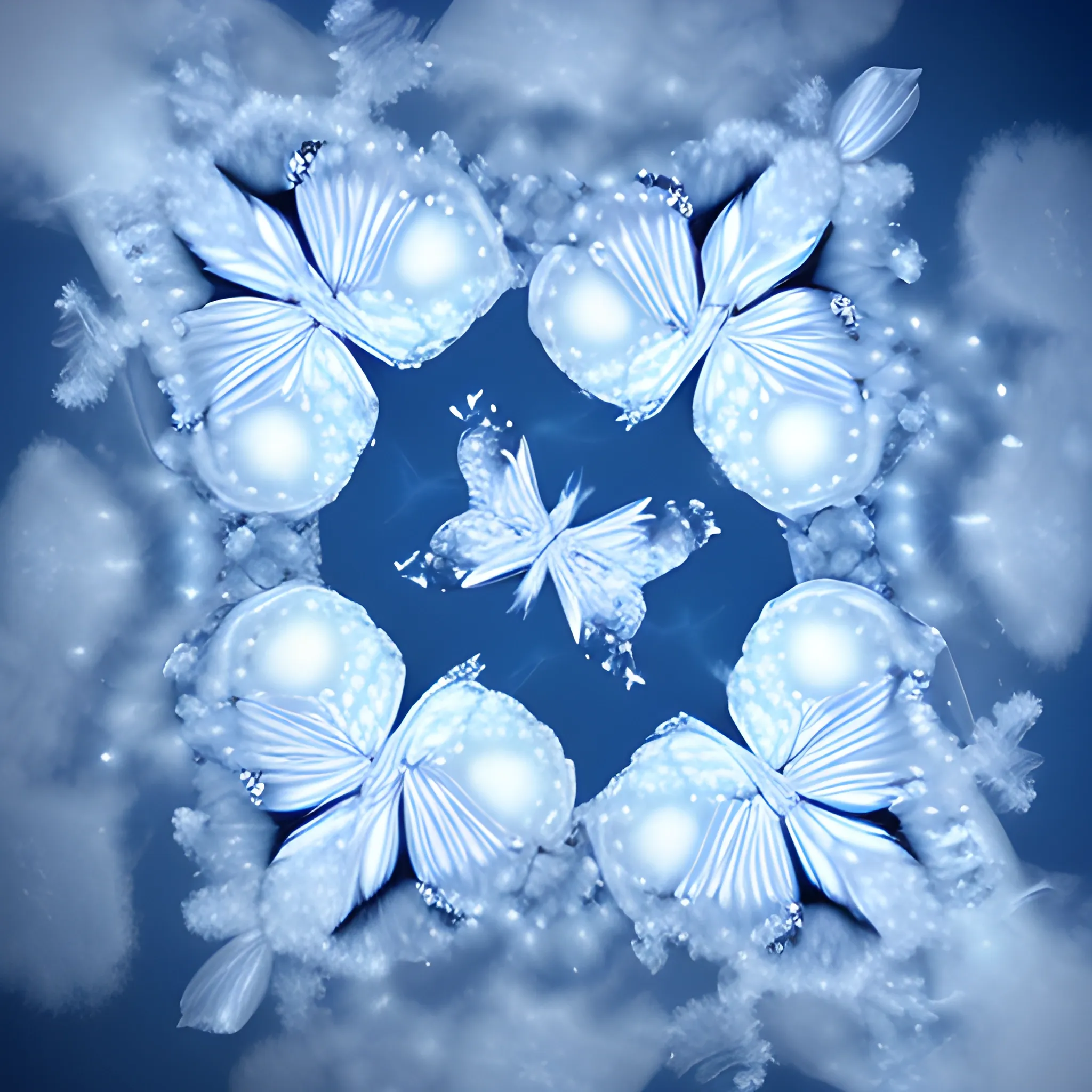 crystalline butterflies ascending into clouds of white snow,
Realism, photographic art, 3D, Trippy