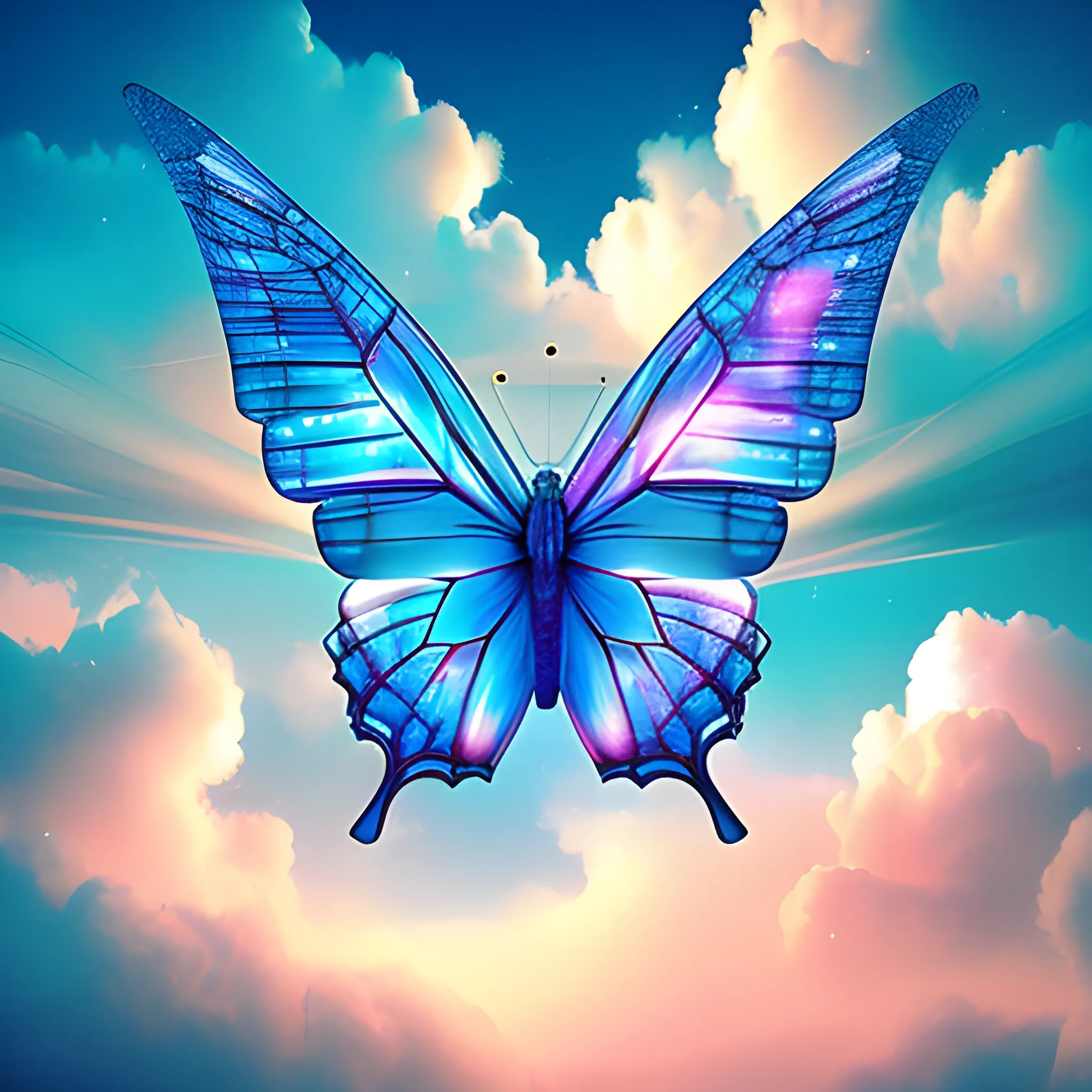 crystalline butterflies ascending into clouds, saturated colors, ethereal atmosphere, Realism, photographic art, 3D, Trippy