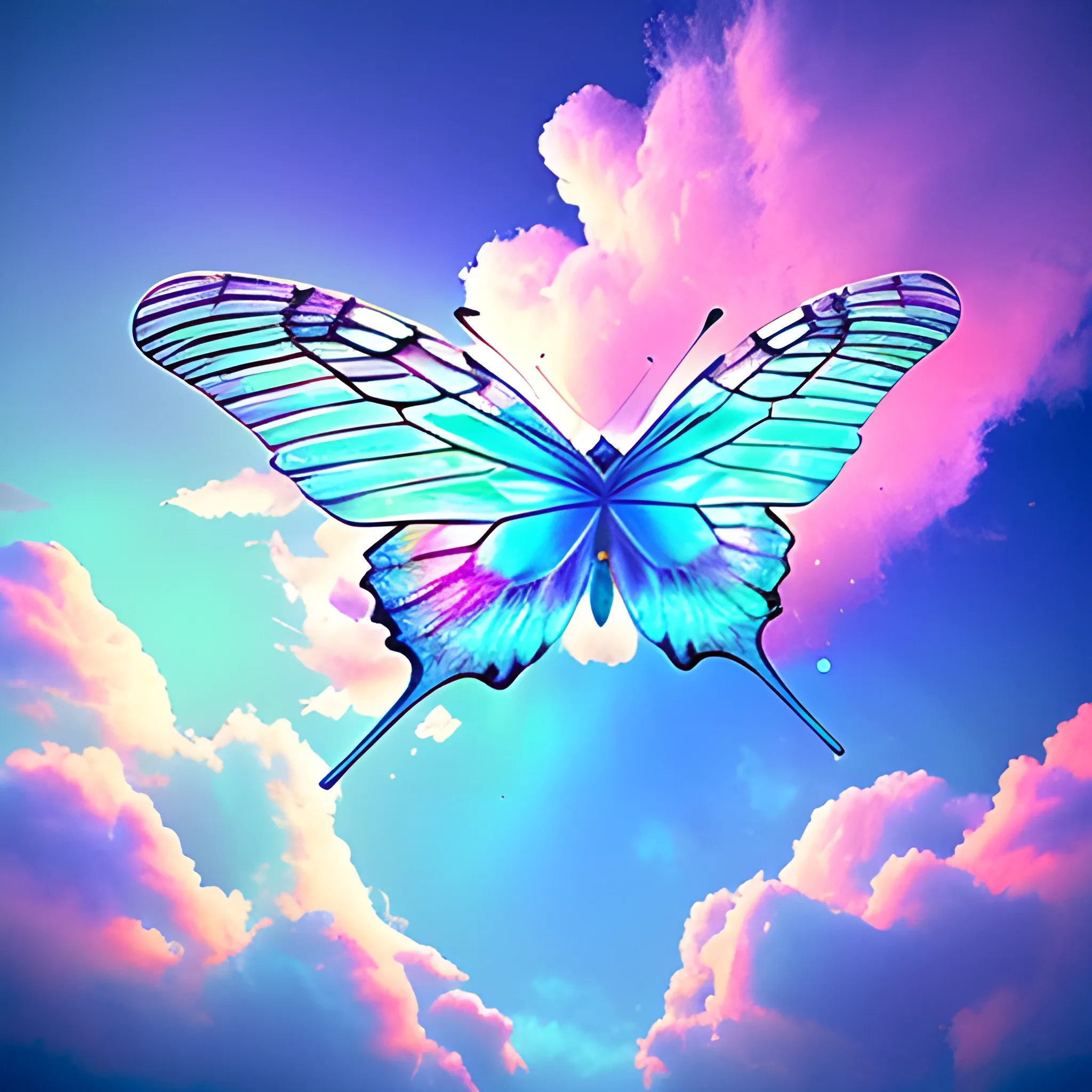 many crystalline butterflies ascending into clouds, saturated colors, ethereal atmosphere, Realism, photographic art, 3D, Trippy