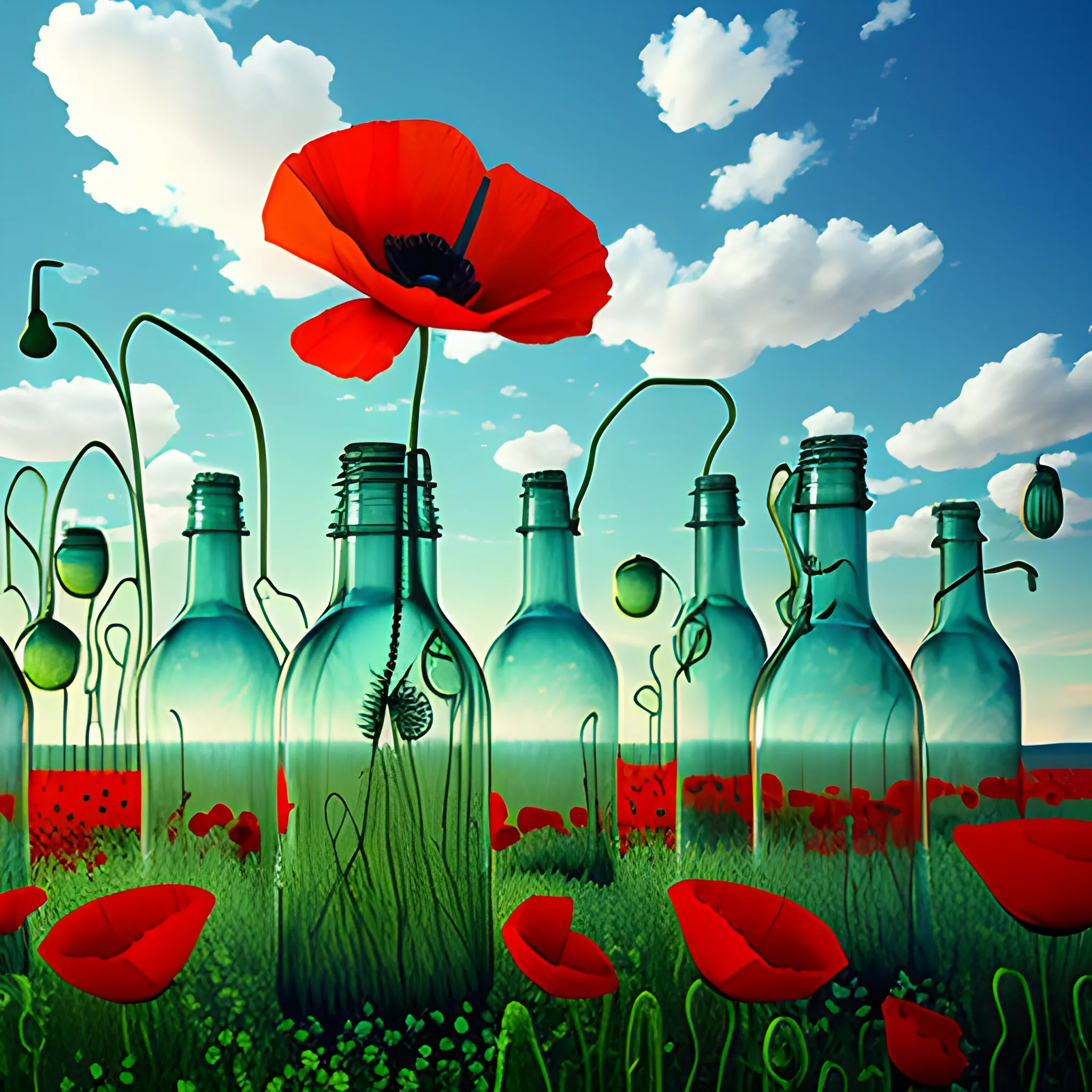 poppies growing many glass bottles broken, piled up, the flowers ascending, clouds that seem like ornaments, realism, photographic, vines, shards, 3D, Trippy