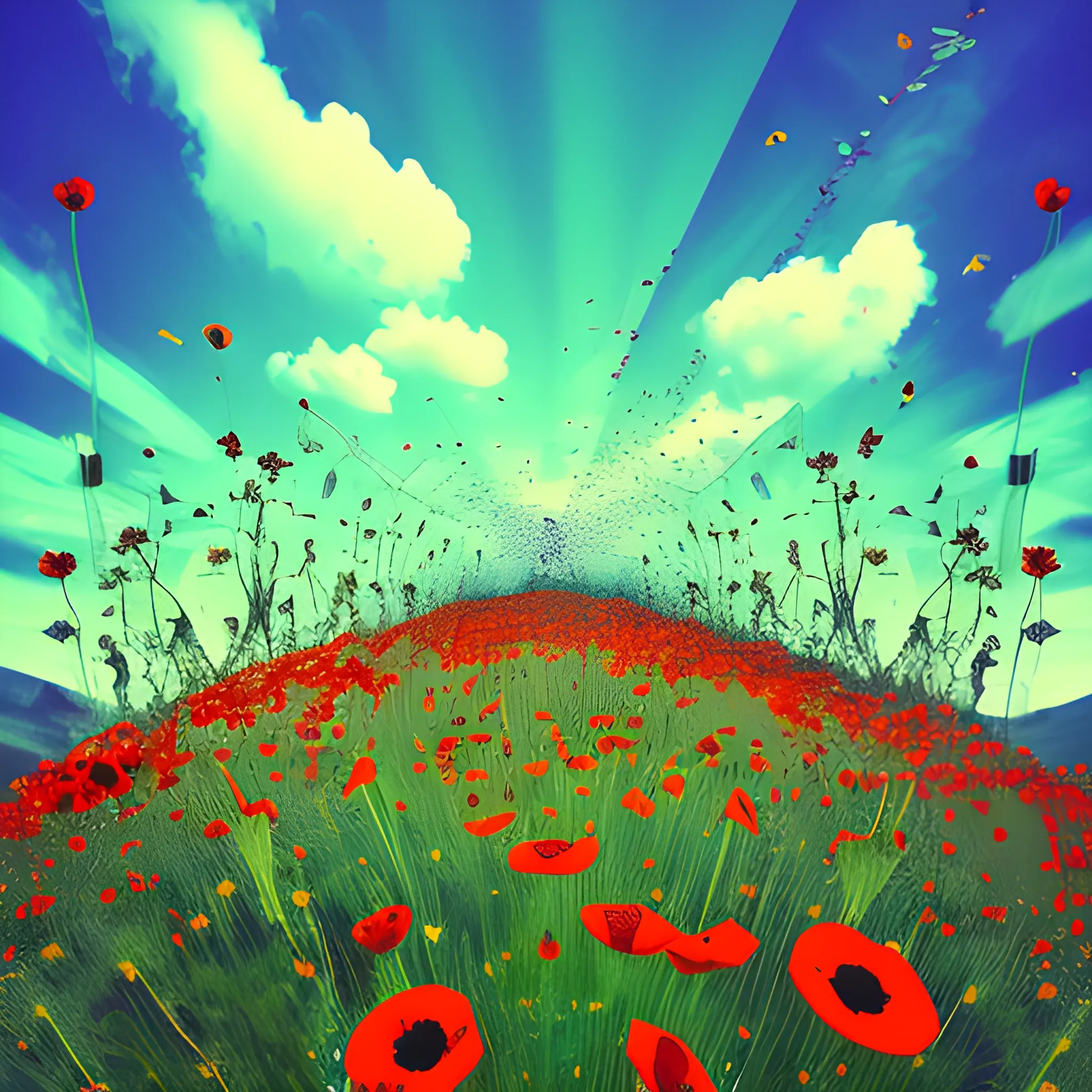 many wild flowers, poppies growing many glass bottles broken, piled up, the flowers ascending, clouds that seem like ornaments, realism, photographic, vines, shards, 3D, Trippy