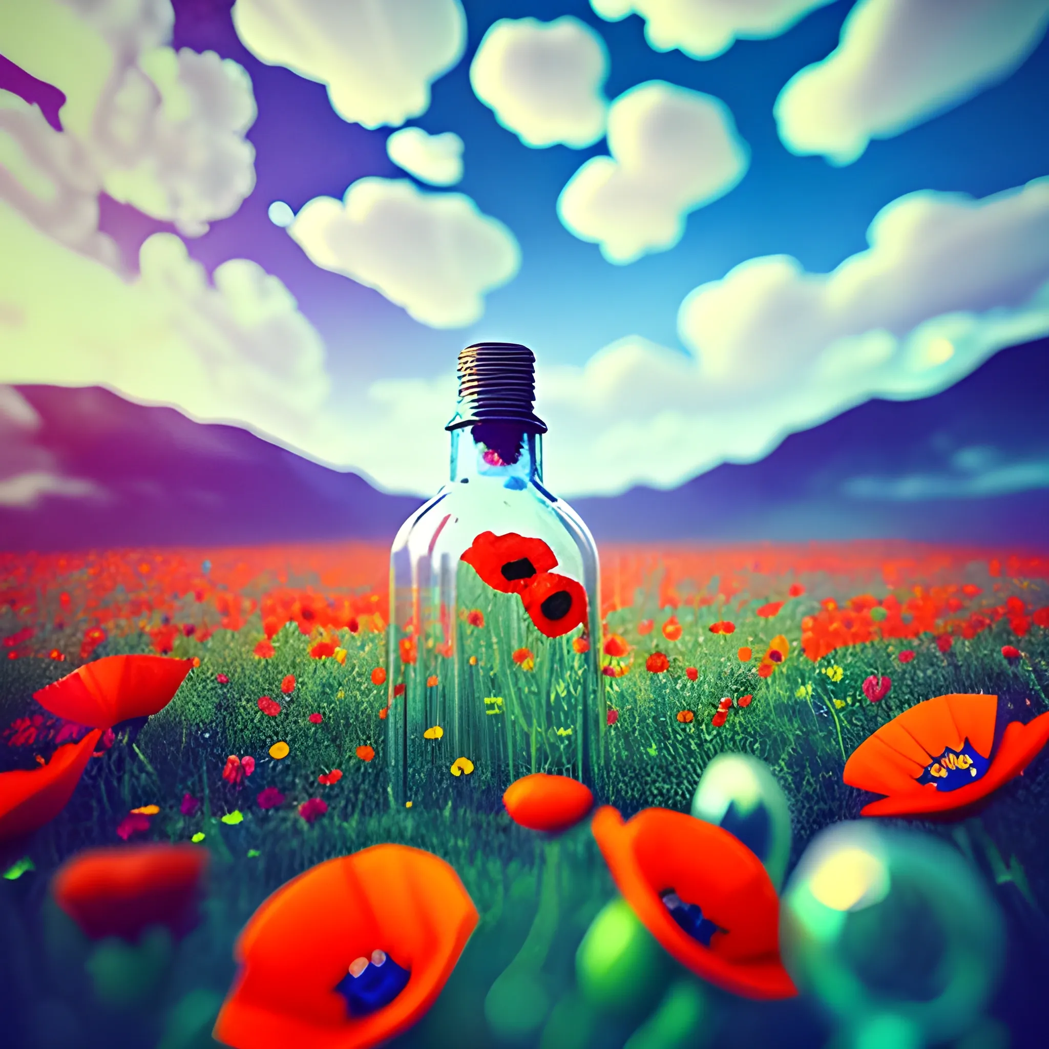 many crystal wild flowers, poppies growing many glass bottles broken, piled up, the flowers ascending, clouds that seem like ornaments, realism, photographic, vines, shards, 3D, Trippy, close up