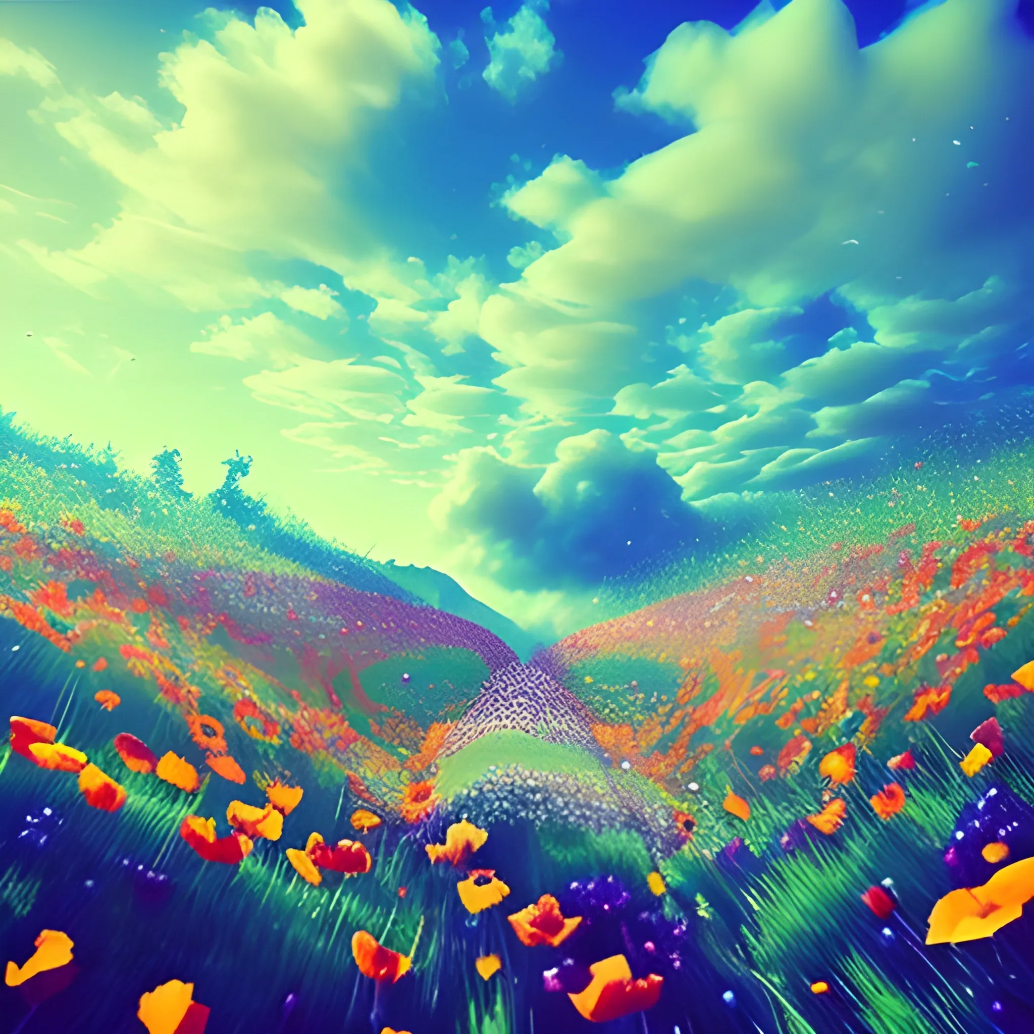 many crystal wild flowers in the air, poppies growing, many glass bottles broken piled up, the flowers ascending, clouds that seem like ornaments, vines, shards, realism, photographic, 3D, Trippy,  ethereal atmosphere, close up