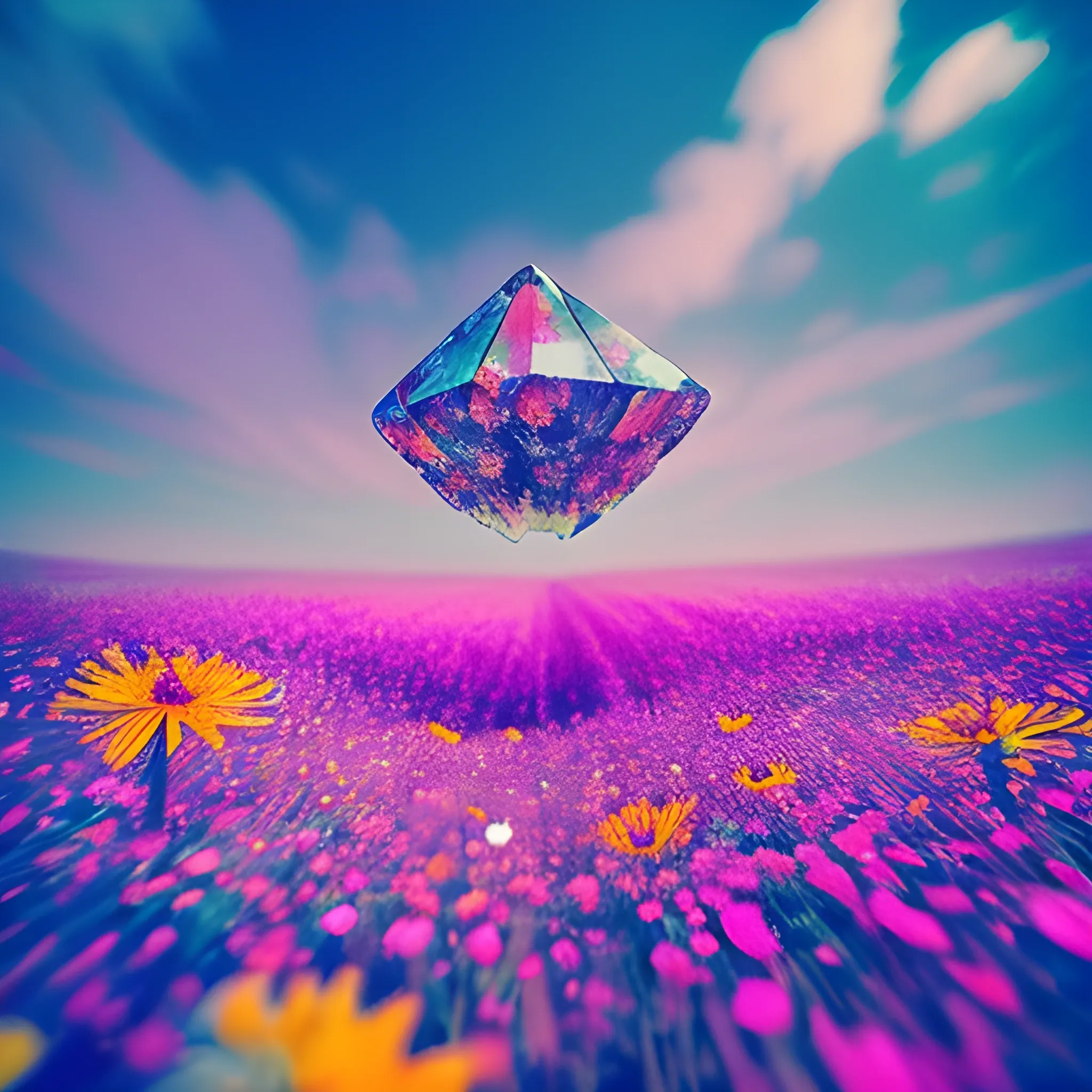 many crystal wild flowers in the air, saturated colors
realism, photographic, 3D, Trippy,  eerie atmosphere, close up