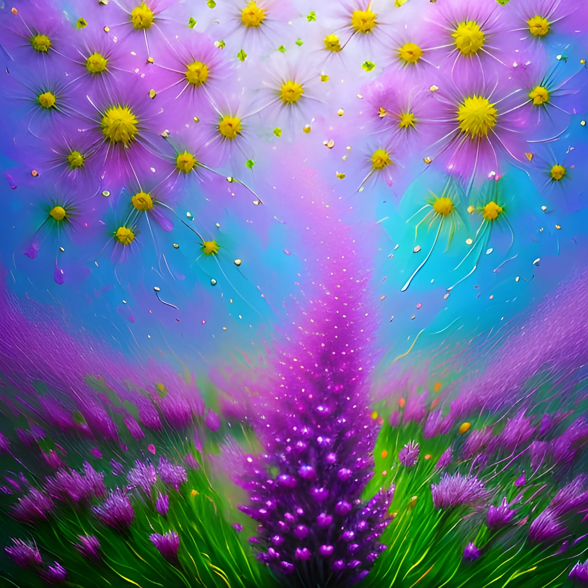 many crystal wild flowers in the air, saturated colors
realism, 3D, Trippy,  eerie atmosphere, close up, Oil Painting