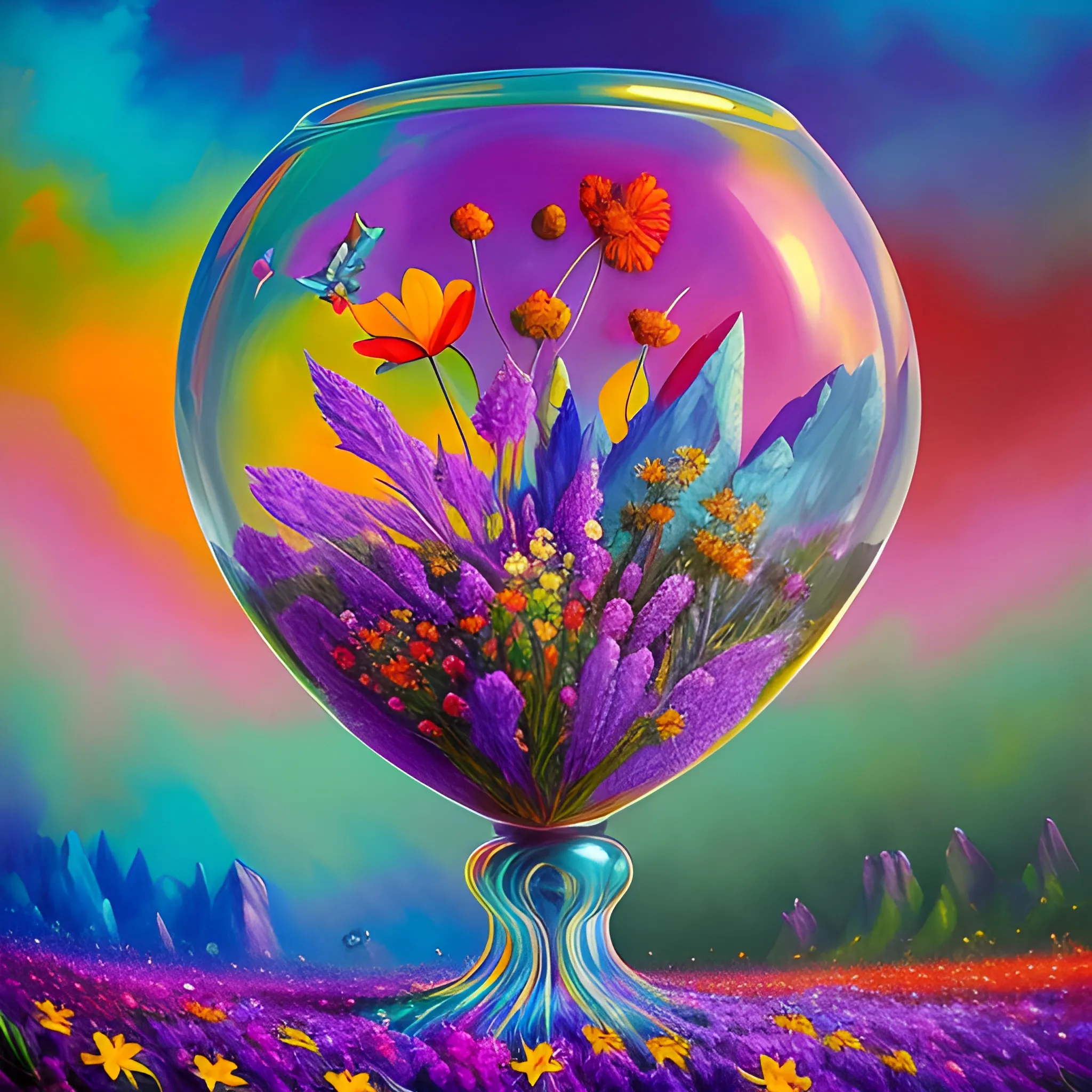 many crystal wild flowers in the air, saturated colors
surrealism, 3D, Trippy,  eerie atmosphere, close up, Oil Painting