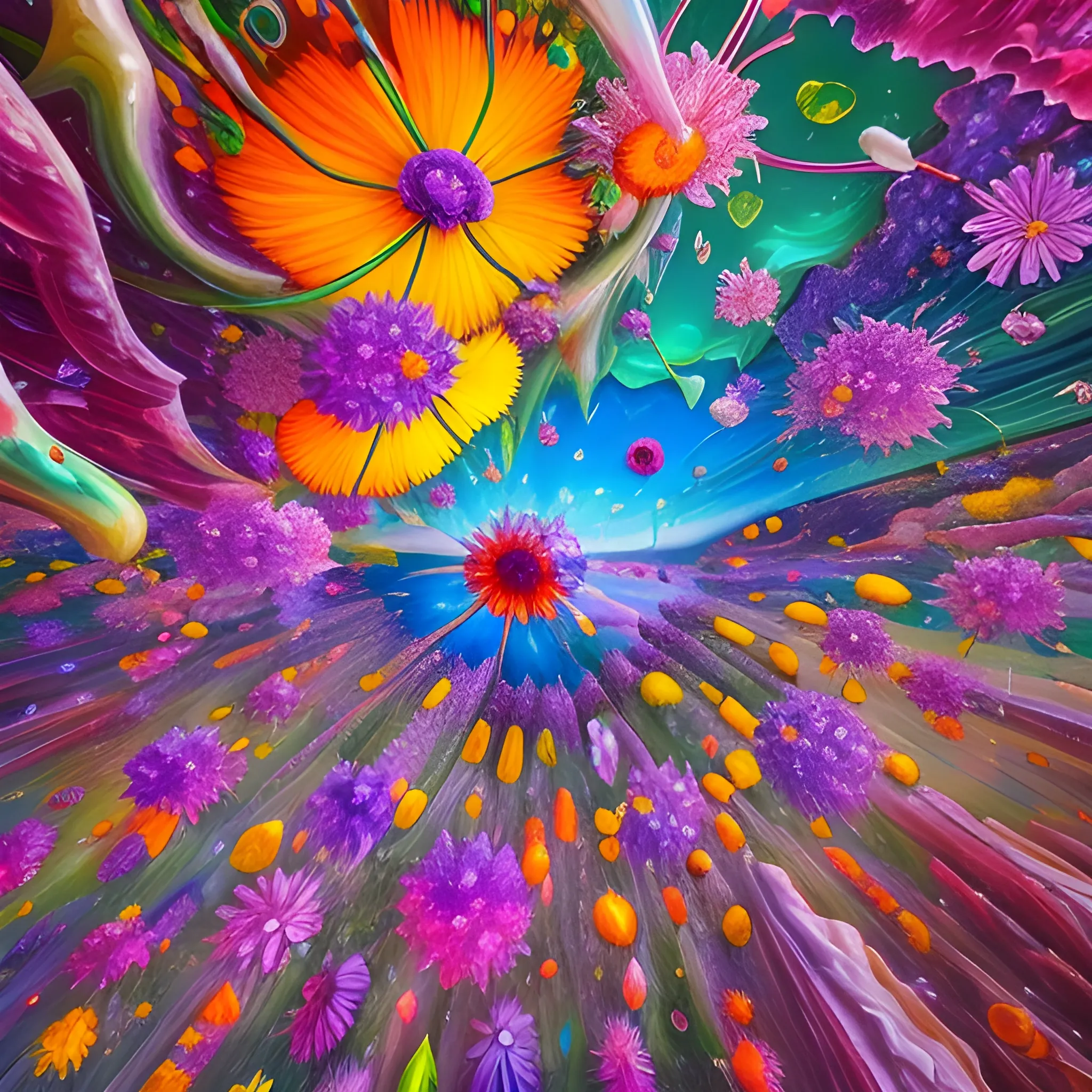 many crystal wild flowers in the air, saturated colors
surrealism, chaotic background, 3D, Trippy,  eerie atmosphere, close up, Oil Painting