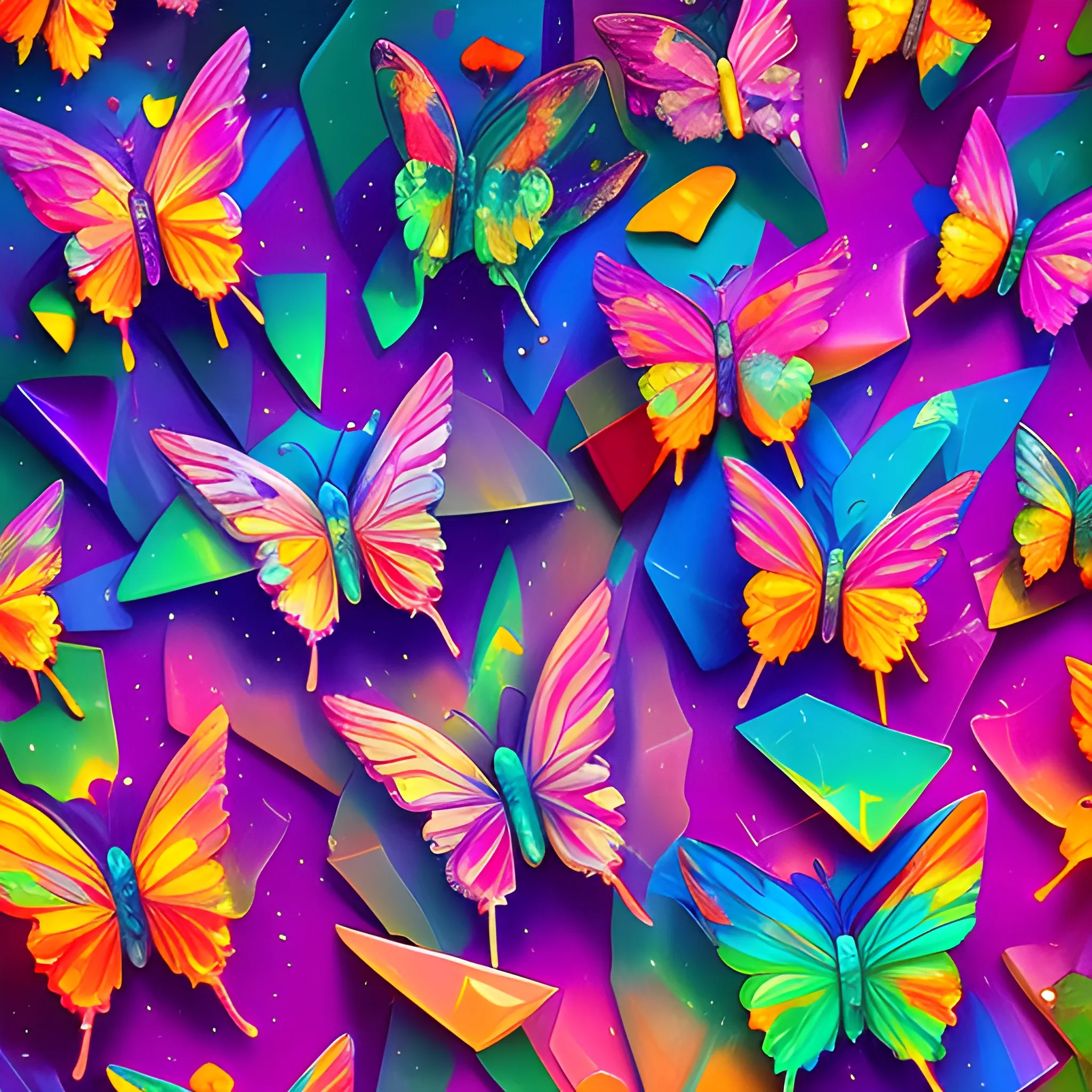 many crystal butterflies, in the air, saturated colors
surrealism, chaotic background, 3D, Trippy,  eerie atmosphere, close up, Oil Painting