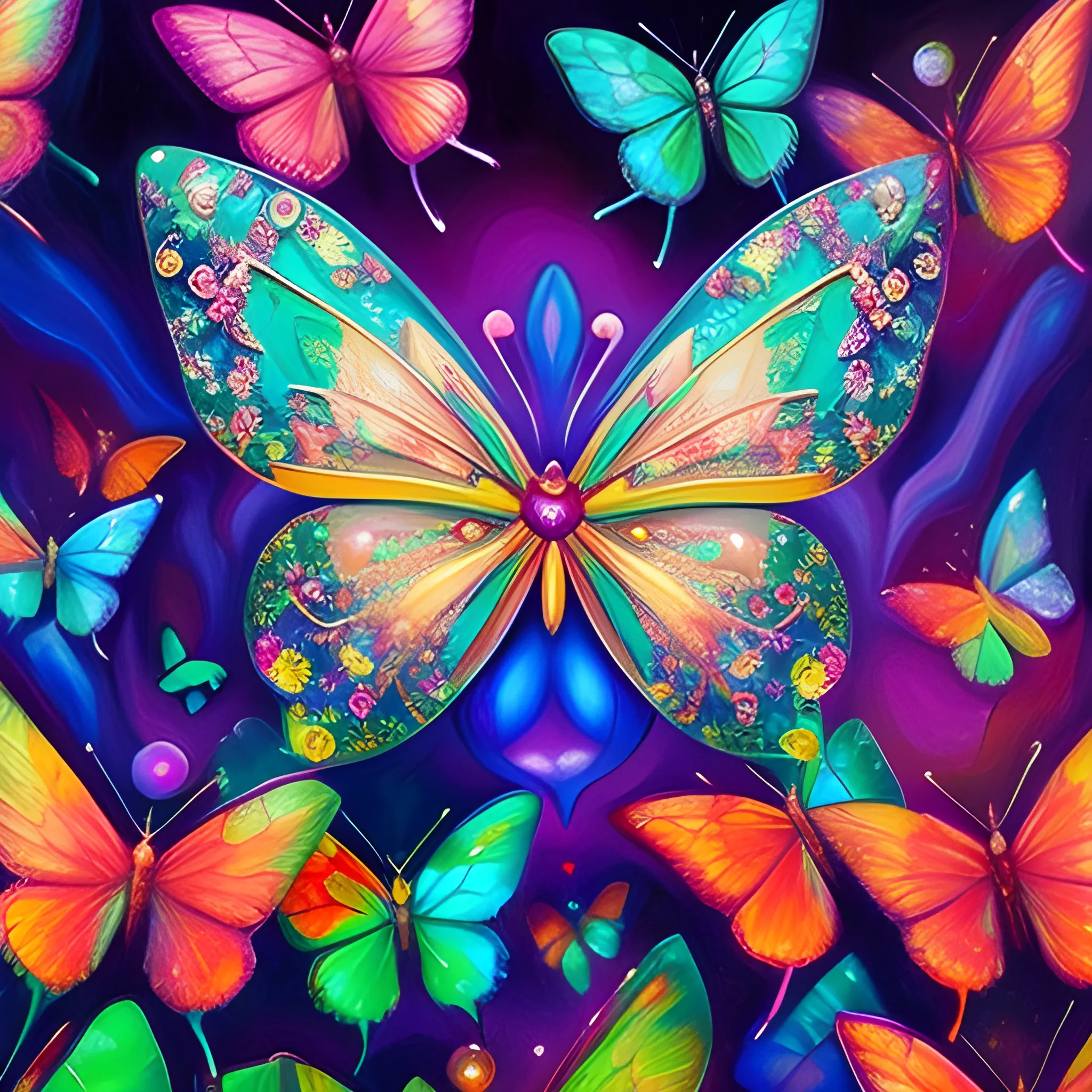 many crystal butterflies, in the air, saturated colors
surrealism, chaotic background, 3D, Trippy,  eerie atmosphere, close up, Oil Painting