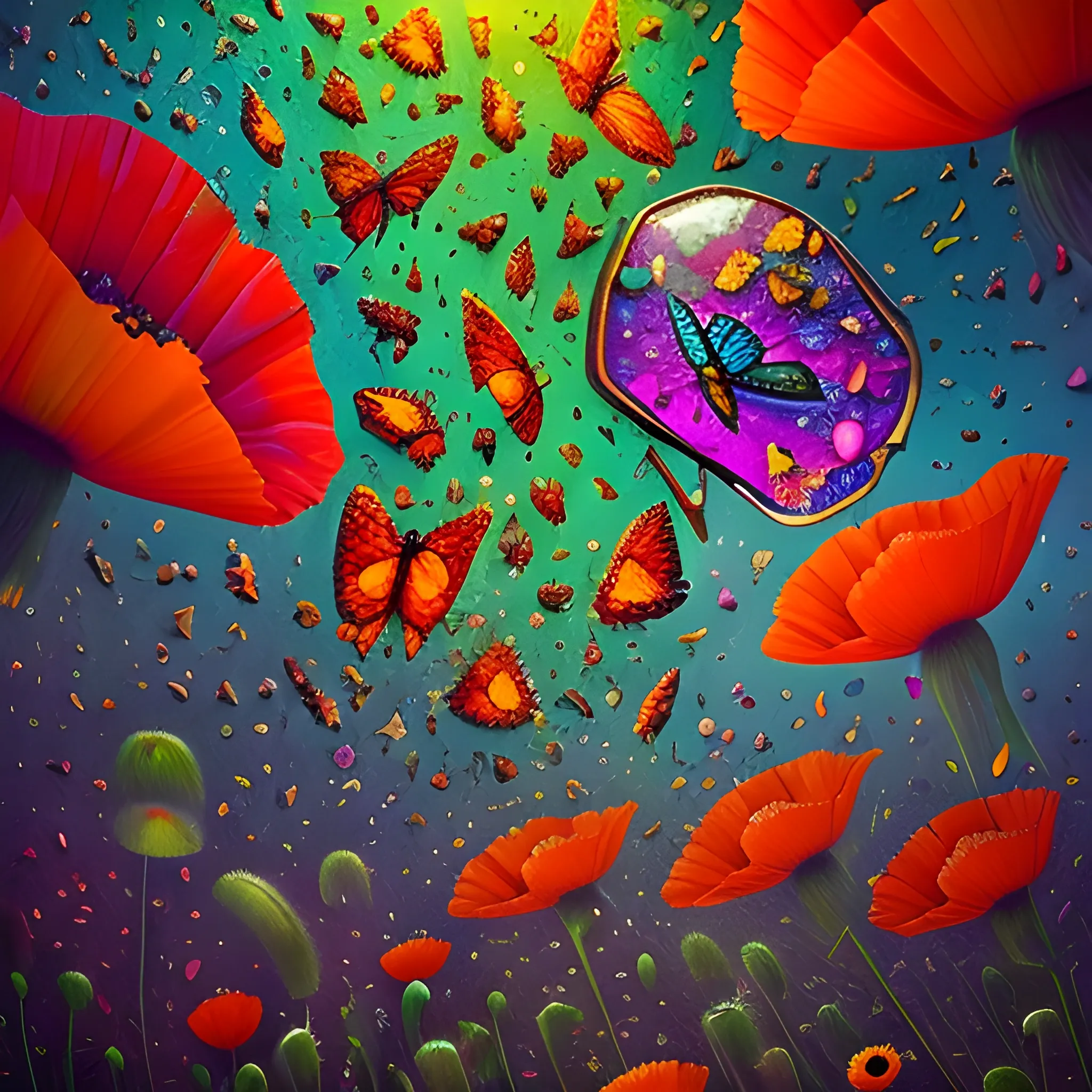 many crystal butterflie in the air, poppies growing, many broken glass, saturated colors
surrealism, chaotic background, 3D, Trippy,  eerie atmosphere, close up, Oil Painting