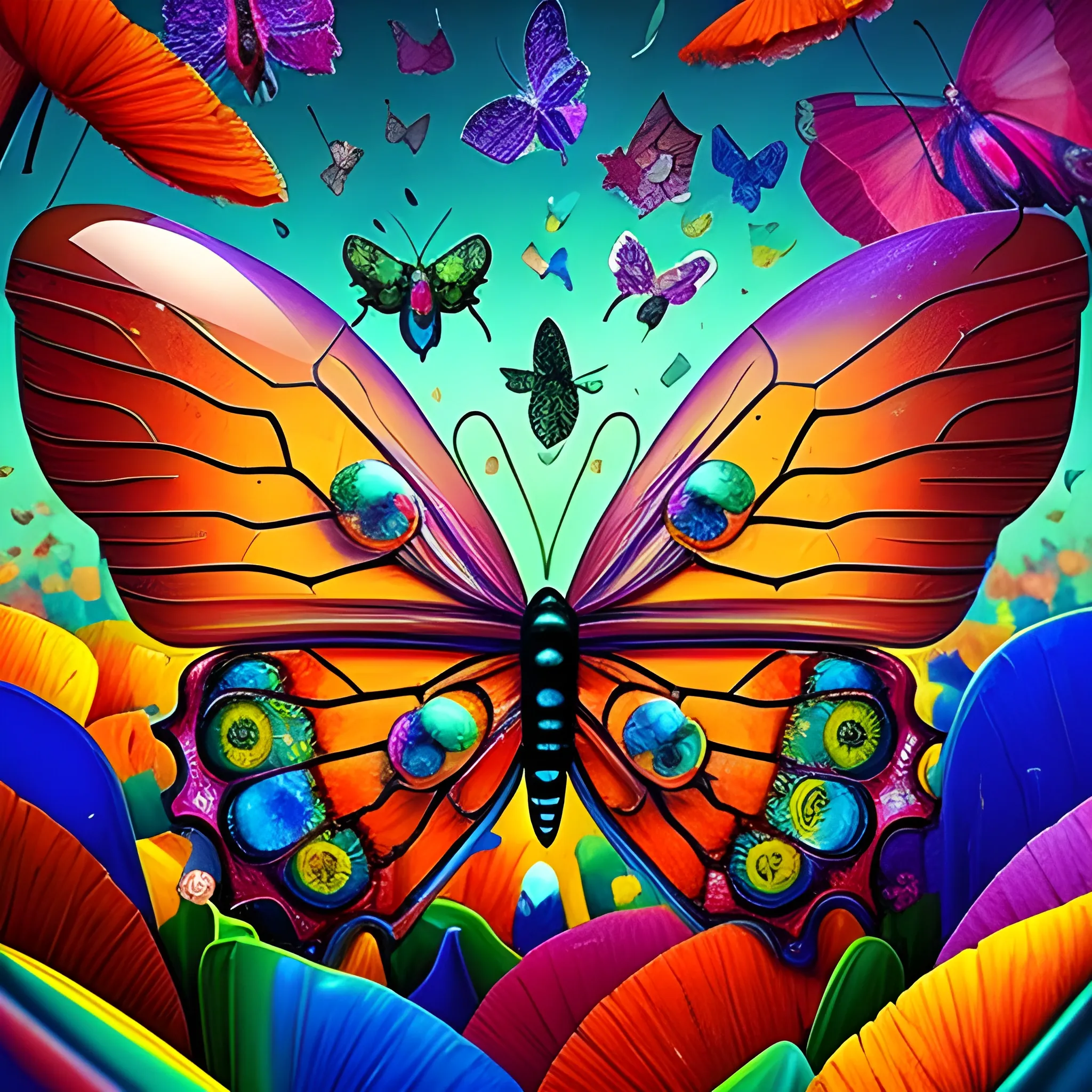 many crystal butterflies in the air, poppies growing, many broken glass in the air, saturated colors
surrealism, chaotic background, 3D, Trippy,  eerie atmosphere, close up, Oil Painting