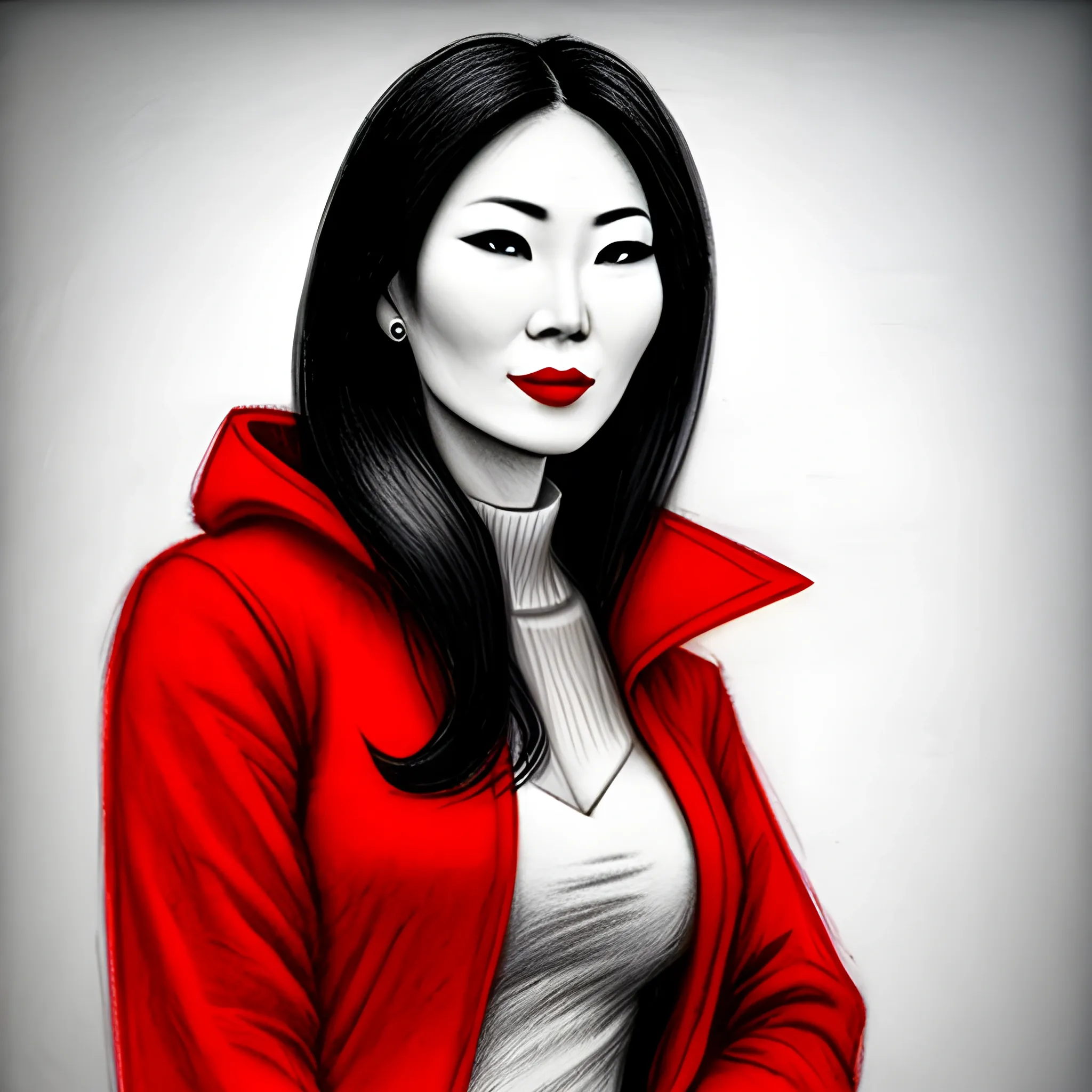 Young Asian woman wearing a bright red coat, nostalgic atmosphere, luxury high-definition photography, Pencil Sketch