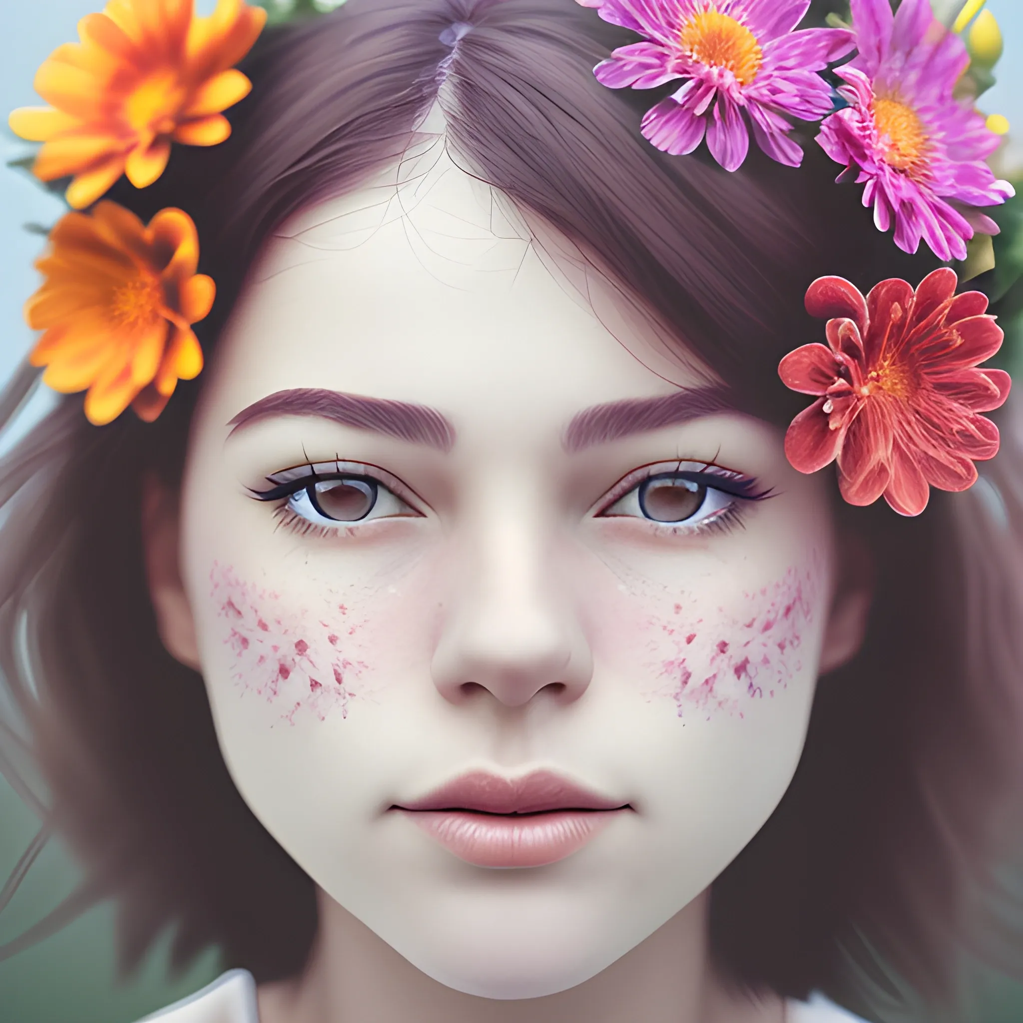 female portrait face, close up, foggy background,vibrant flower decoration