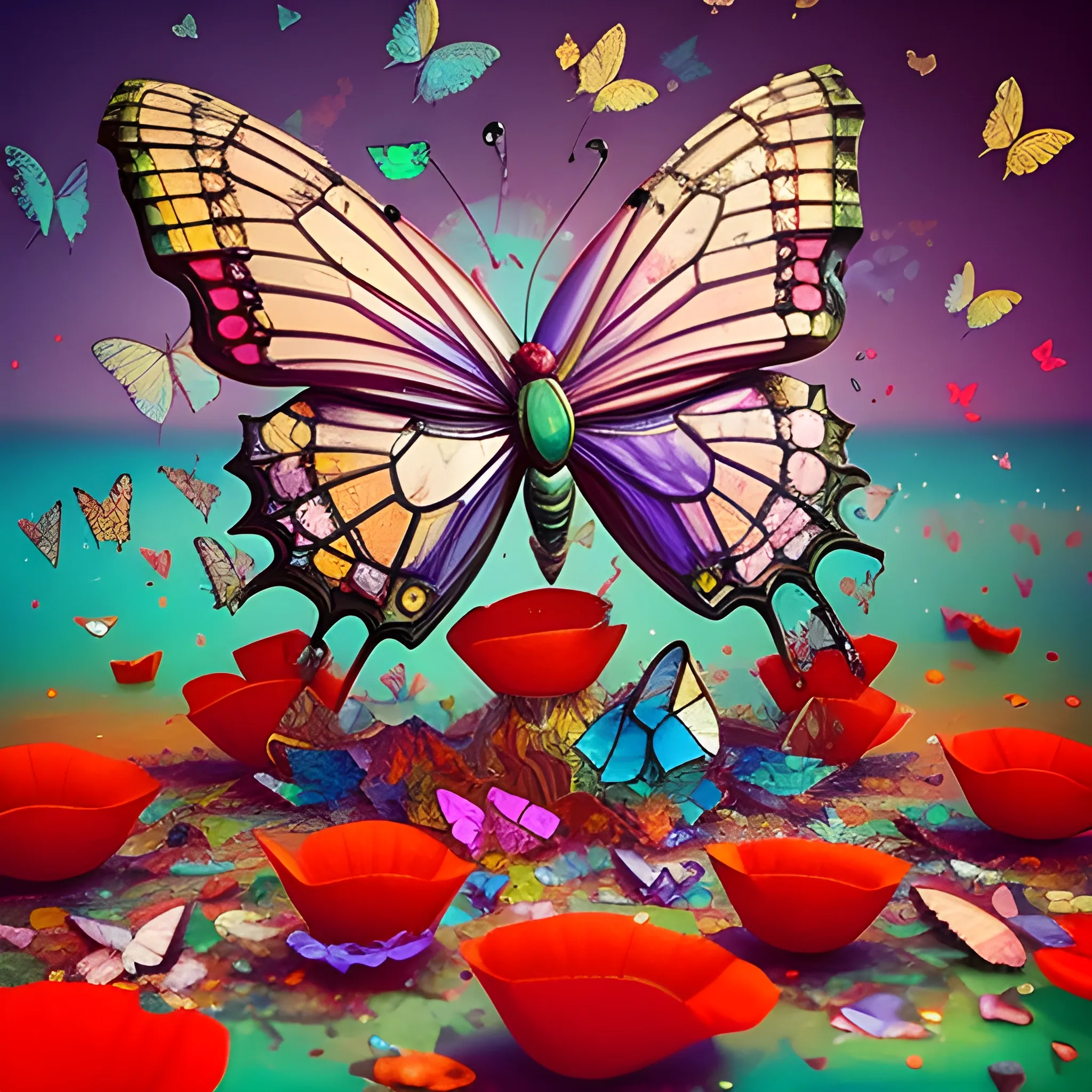 make a sculpture of many crystal crazy butterflies, poppies around, many broken glass in the air, saturated colors
surrealism, chaotic background, 3D, Trippy,  eerie atmosphere, close up, Oil Painting