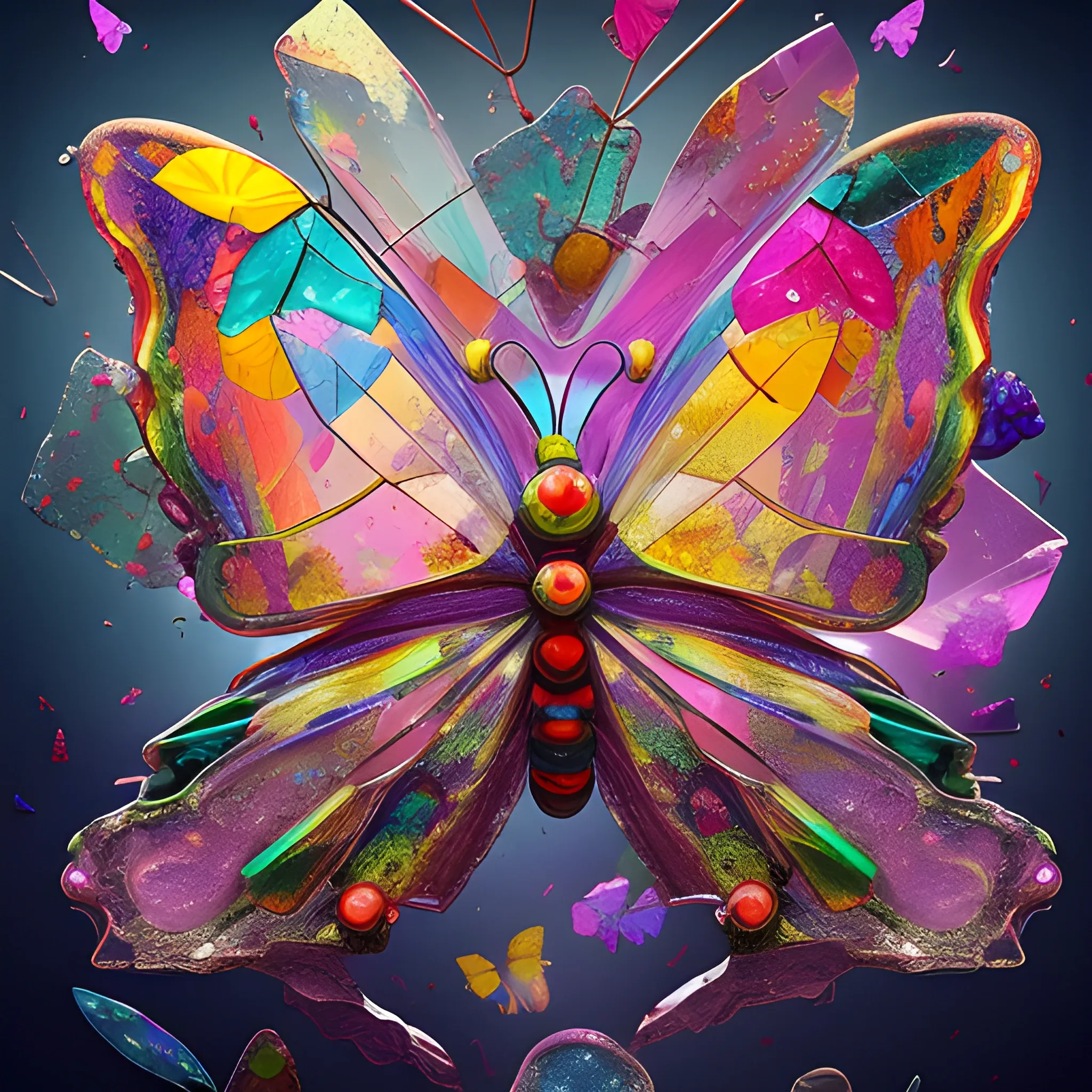 make a sculpture of many crystal crazy butterflies, poppies around, many broken glass in the air, saturated colors
surrealism, chaotic background, 3D, Trippy,  eerie atmosphere, close up, Oil Painting, aerial perspective