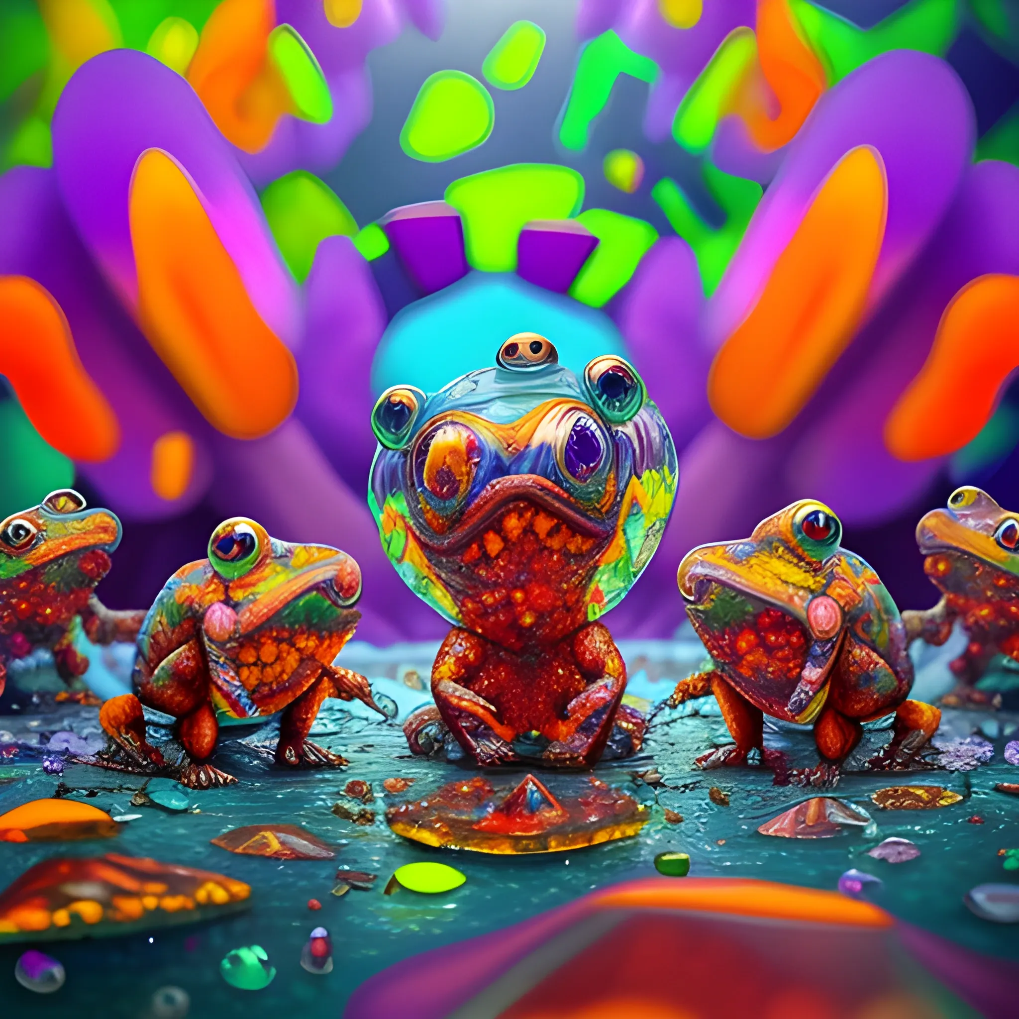 make a sculpture of many crystal crazy frogs, poppies around, many broken glass in the air, saturated colors
surrealism, chaotic background, 3D, Trippy,  eerie atmosphere, close up, Oil Painting, perspective six vanishing points