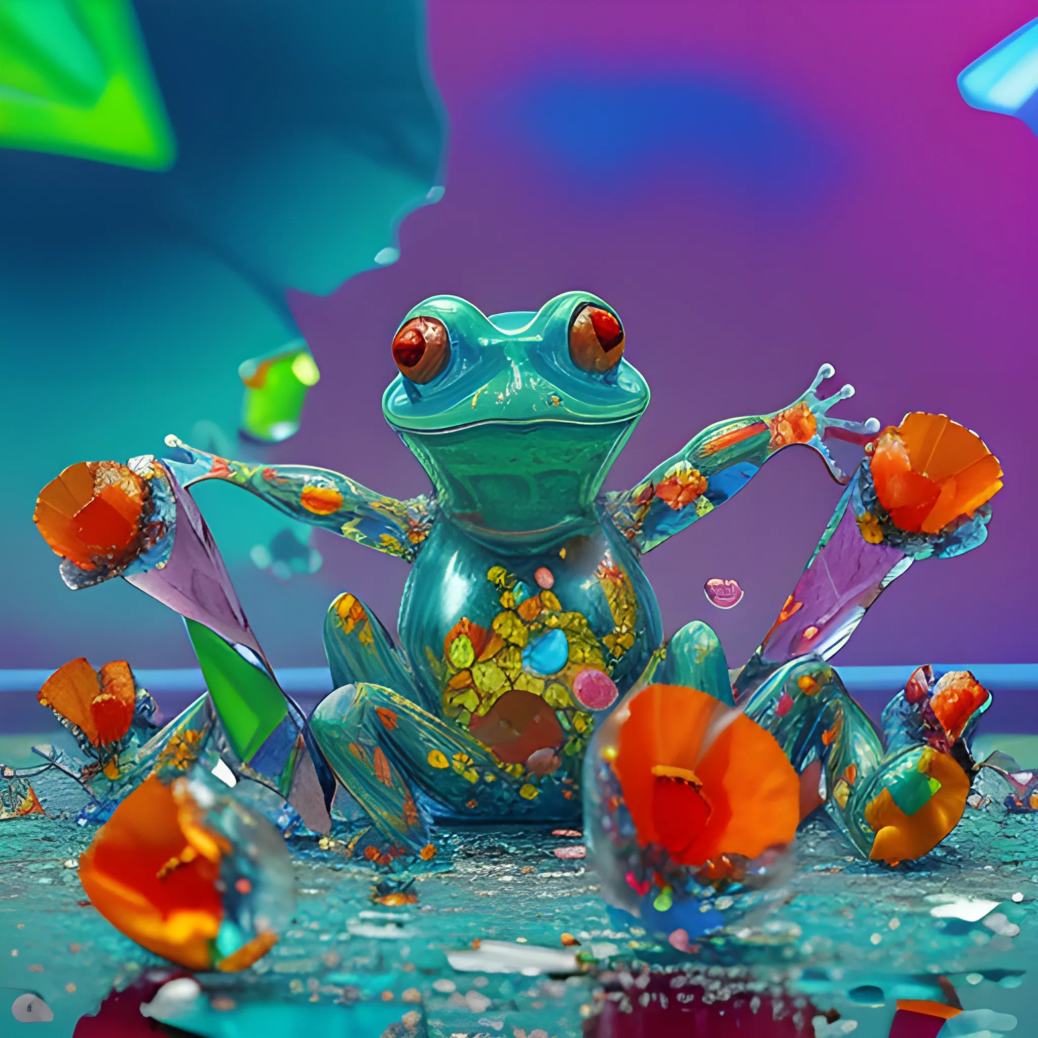 make a sculpture of many crystal crazy frogs, poppies around, many broken glass in the air, saturated colors
surrealism, chaotic background, 3D, Trippy,  eerie atmosphere, close up, Oil Painting, perspective six vanishing points