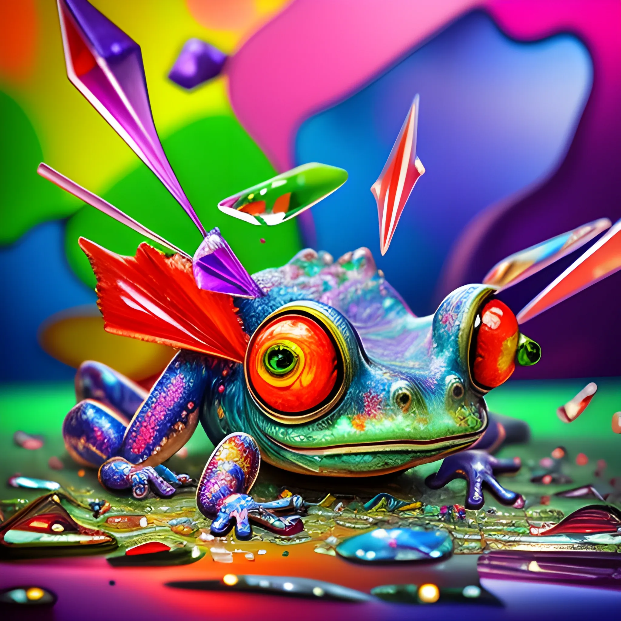 make a sculpture of many crystal crazy frogs, poppies around, many broken glass in the air, saturated colors
surrealism, chaotic background, 3D, Trippy,  eerie atmosphere, close up, Oil Painting, angular perspective 