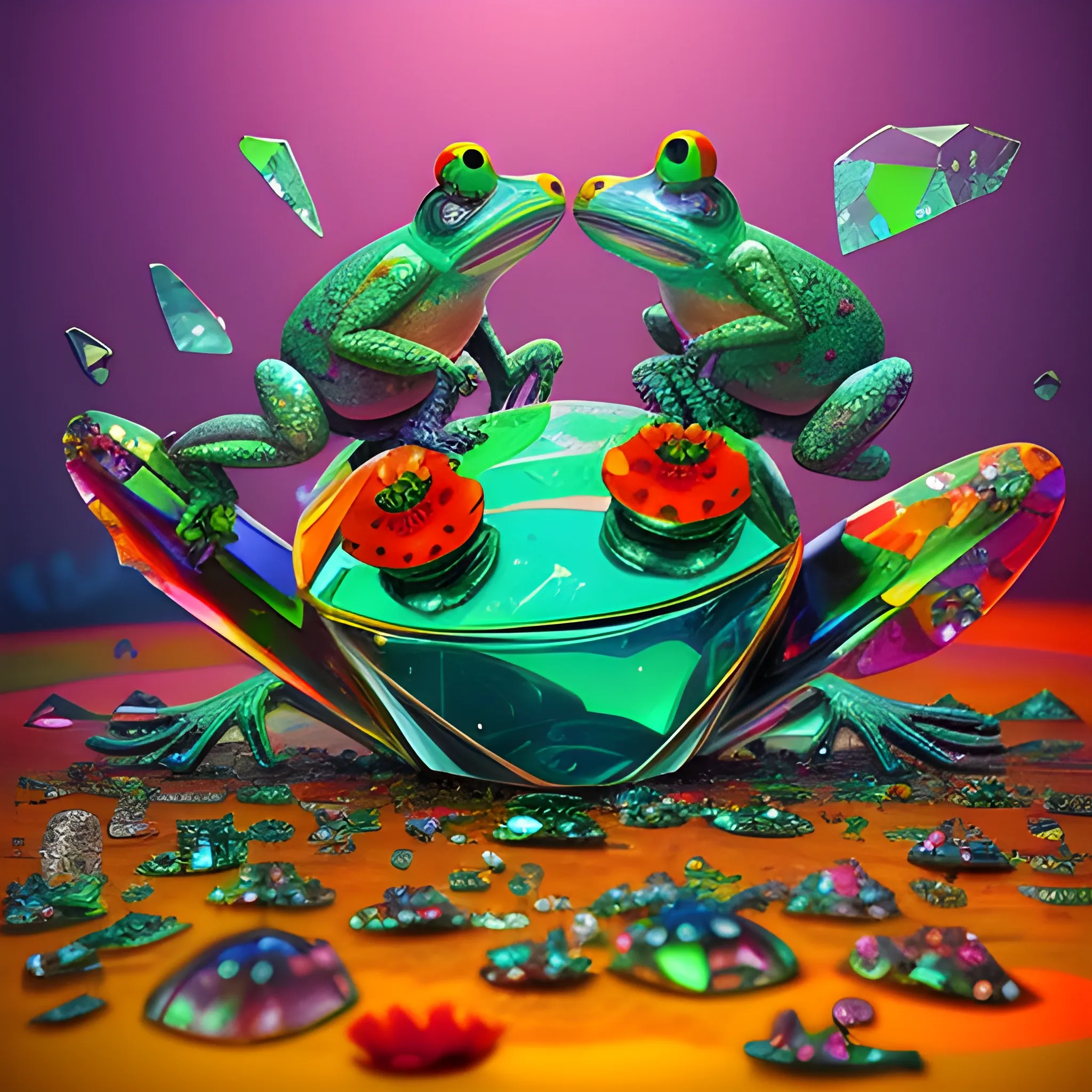 make a sculpture of many crystal crazy frogs, poppies around, many broken glass in the air, saturated colors
surrealism, chaotic background, 3D, Trippy,  eerie atmosphere, close up, Oil Painting, angular perspective 