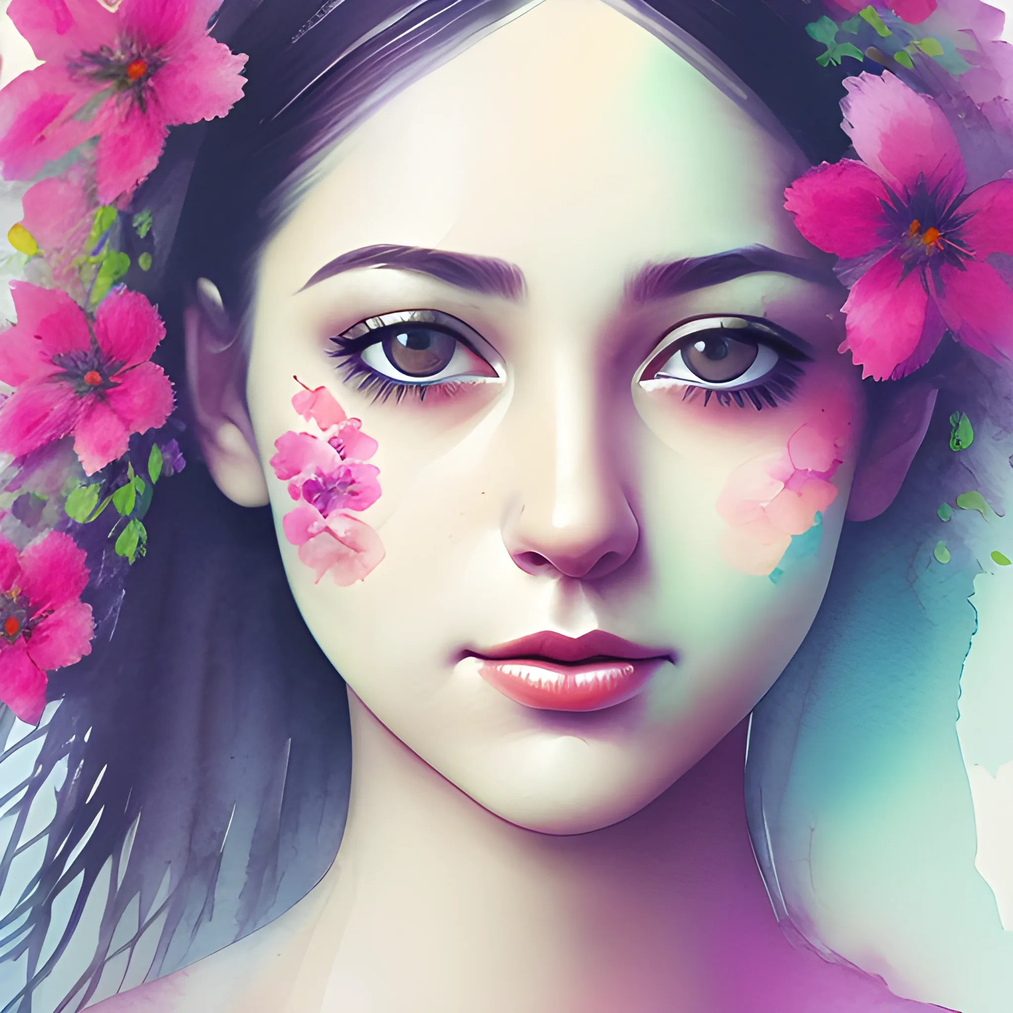 female portrait face, close up, foggy background, vibrant color, flower decoration, Water Color