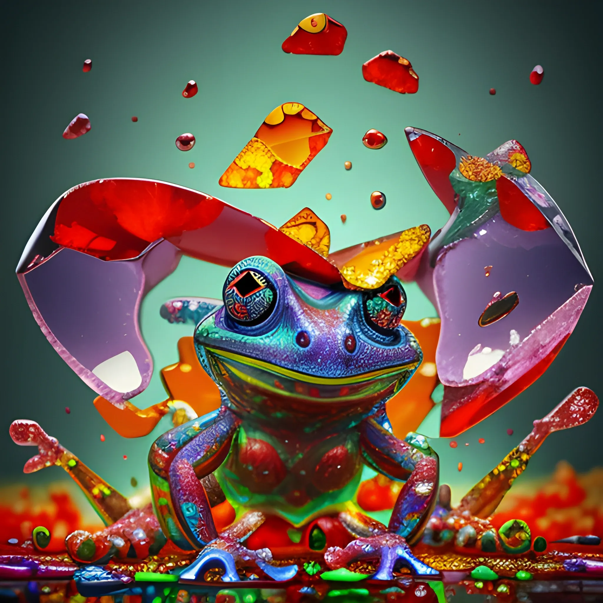 make a sculpture of many crystal crazy frogs, poppies around, many broken glass in the air, saturated colors
surrealism, chaotic background, 3D, Trippy,  eerie atmosphere, close up, Oil Painting, angular perspective 