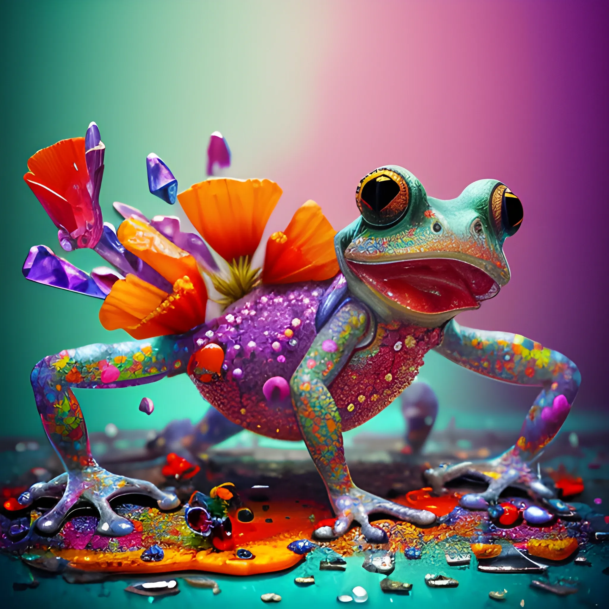 make a sculpture of many crystal crazy frogs, poppies around, many broken glass in the air, saturated colors
surrealism, chaotic background, 3D, Trippy,  eerie atmosphere, close up, Oil Painting, aerial perspective 