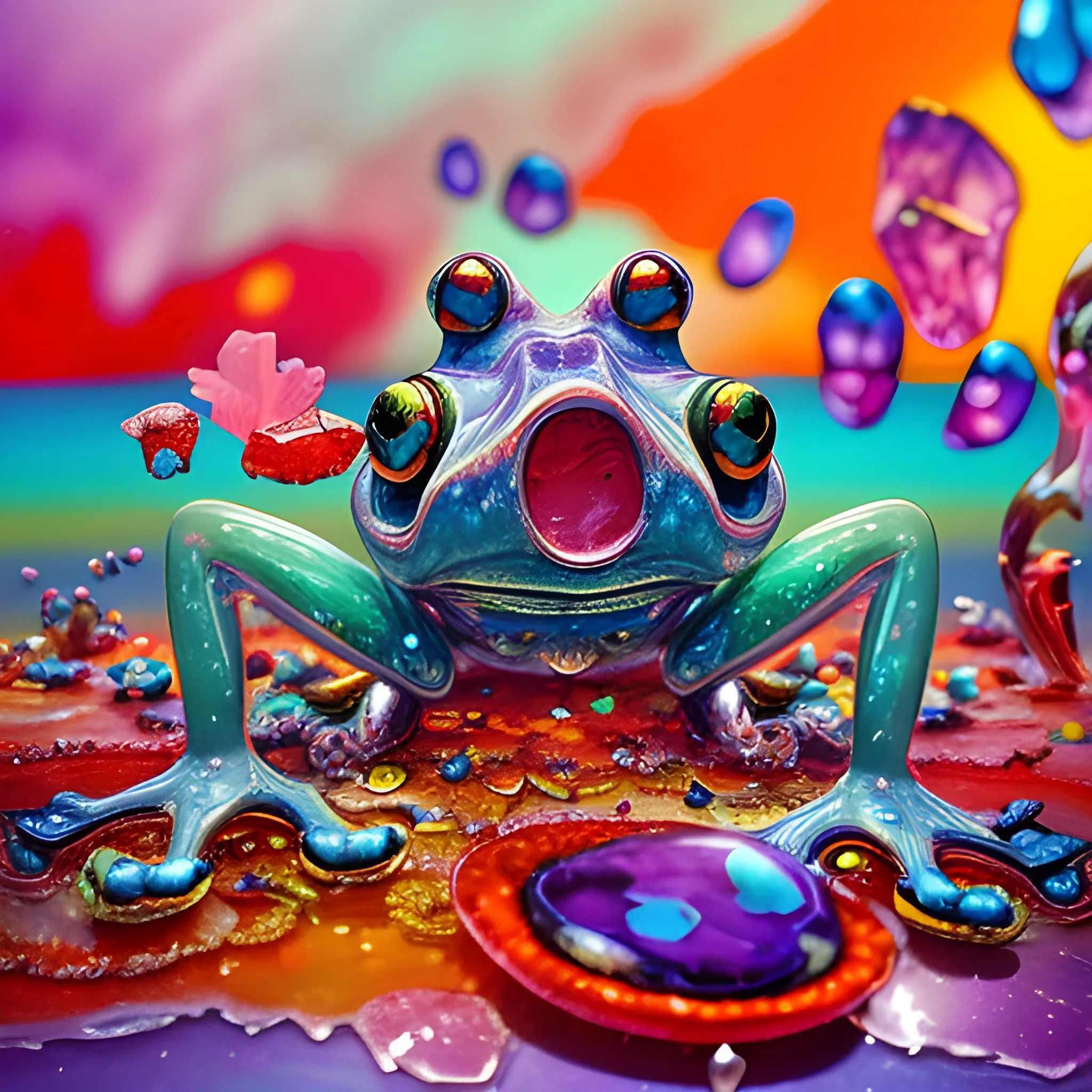 make a sculpture of many crystal crazy frogs, poppies around, many broken glass in the air, saturated colors
surrealism, chaotic background, 3D, Trippy,  eerie atmosphere, close up, Oil Painting, aerial perspective 