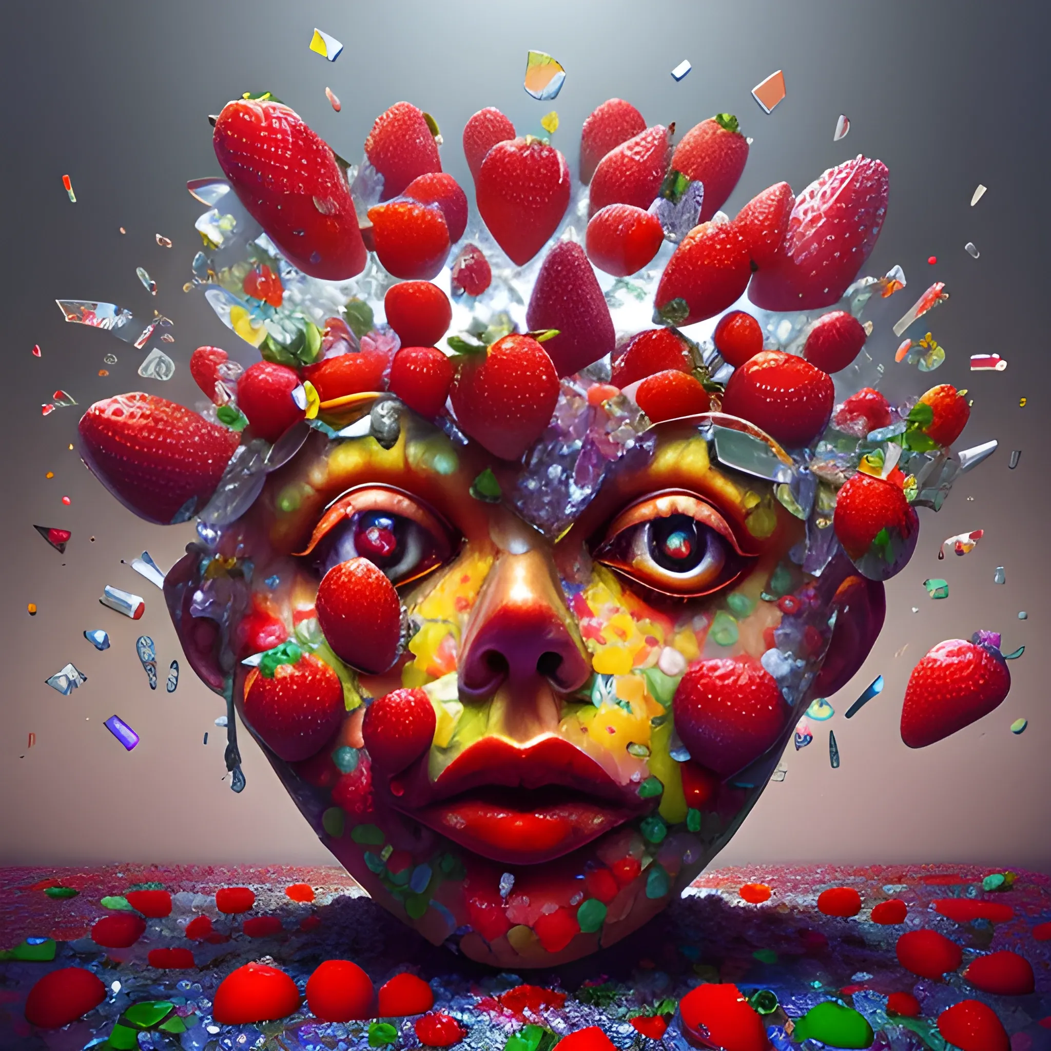 make a sculpture of many crystal crazy strawberries with human face, poppies around, many broken glass in the air, saturated colors
surrealism, chaotic background, 3D, Trippy,  eerie atmosphere, close up, Oil Painting, angular perspective 