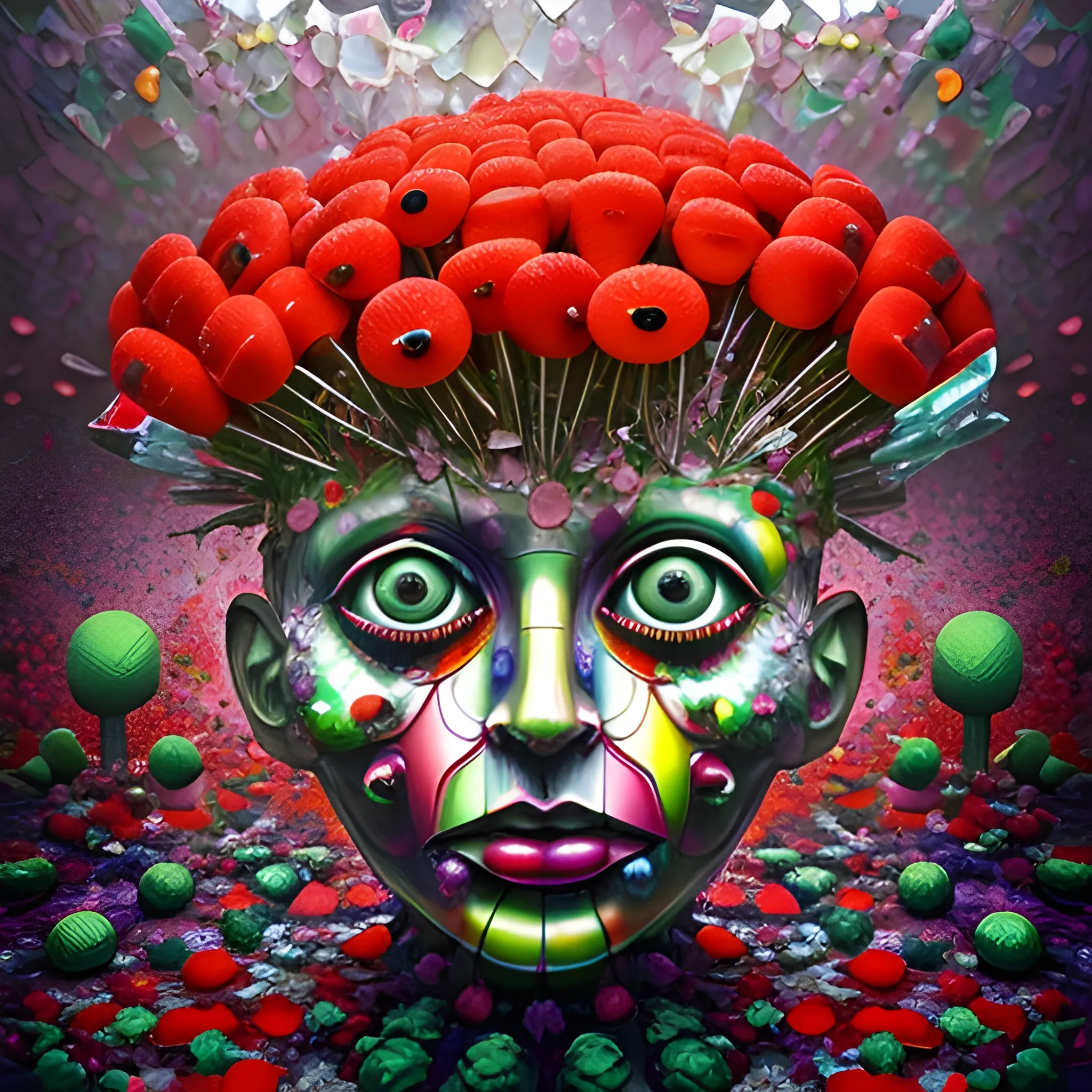 make a sculpture of many crystal crazy strawberries with human face, poppies around, many broken glass in the air, saturated colors
surrealism, chaotic background, 3D, Trippy,  eerie atmosphere, close up, Oil Painting, angular perspective 